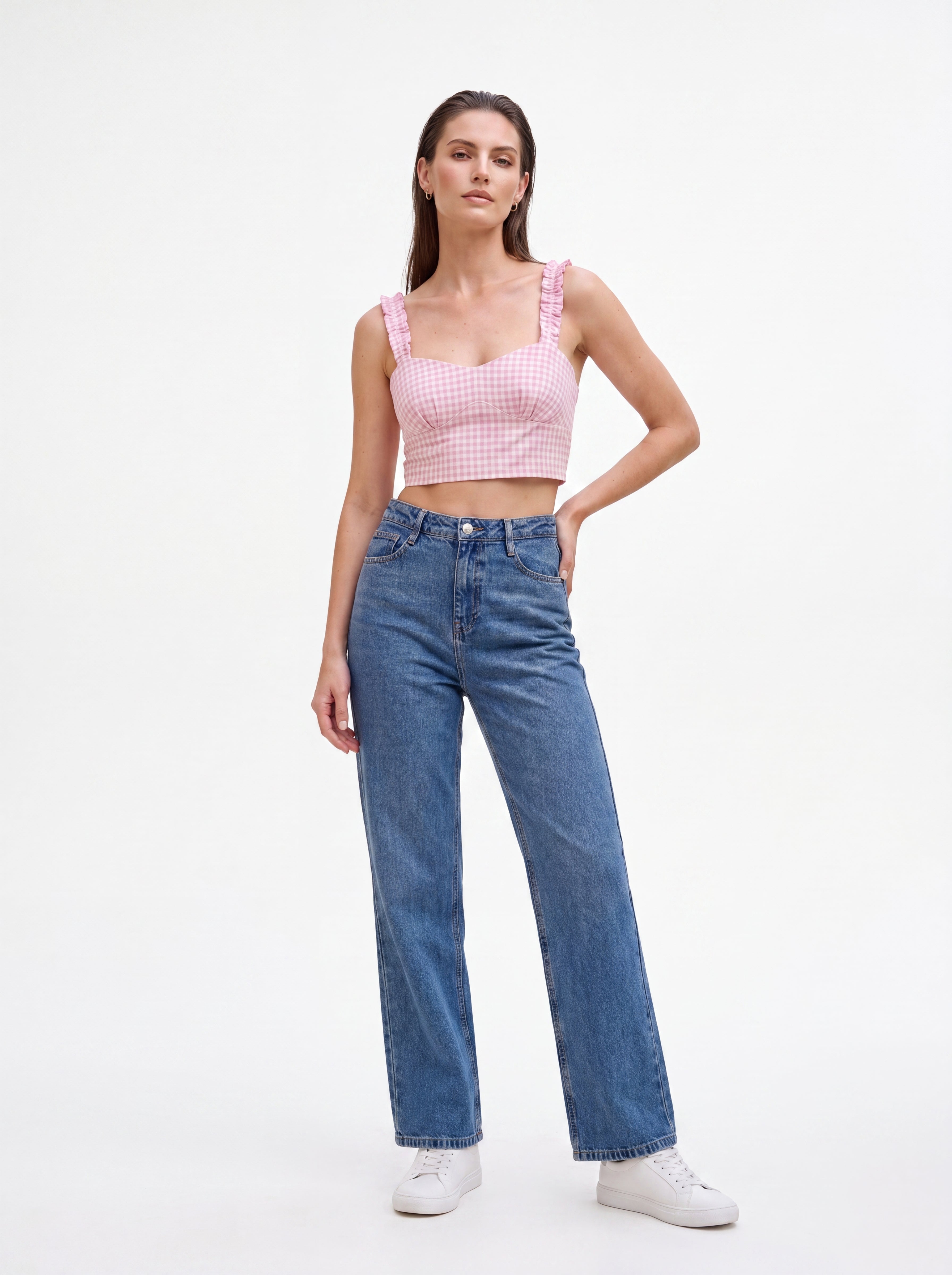 Women's Pink Gingham Crop Top | Premium European Ruffle Strap Bustier Top