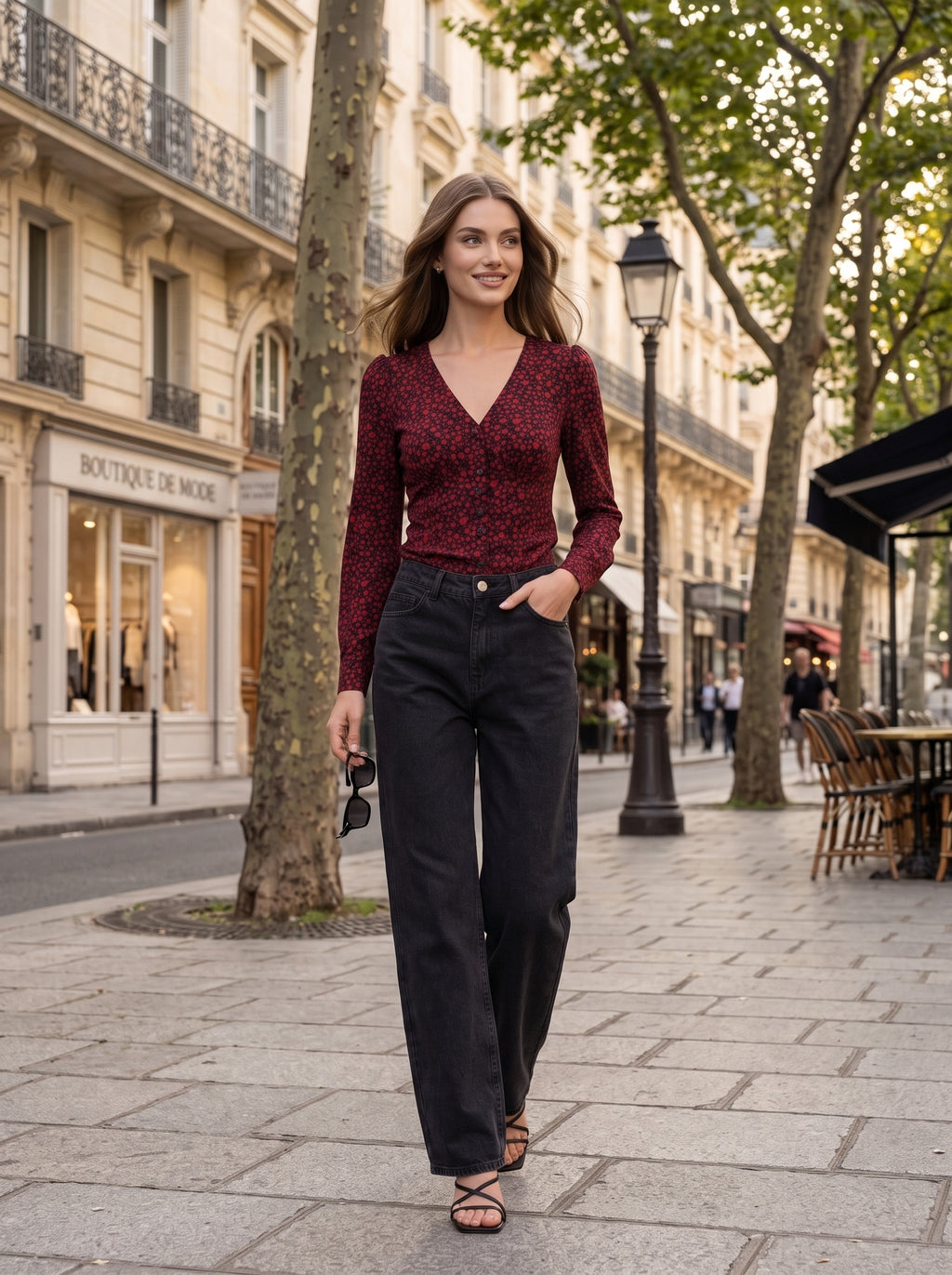 Women's Burgundy Floral V-Neck Long Sleeve Top | Premium European Fitted Blouse