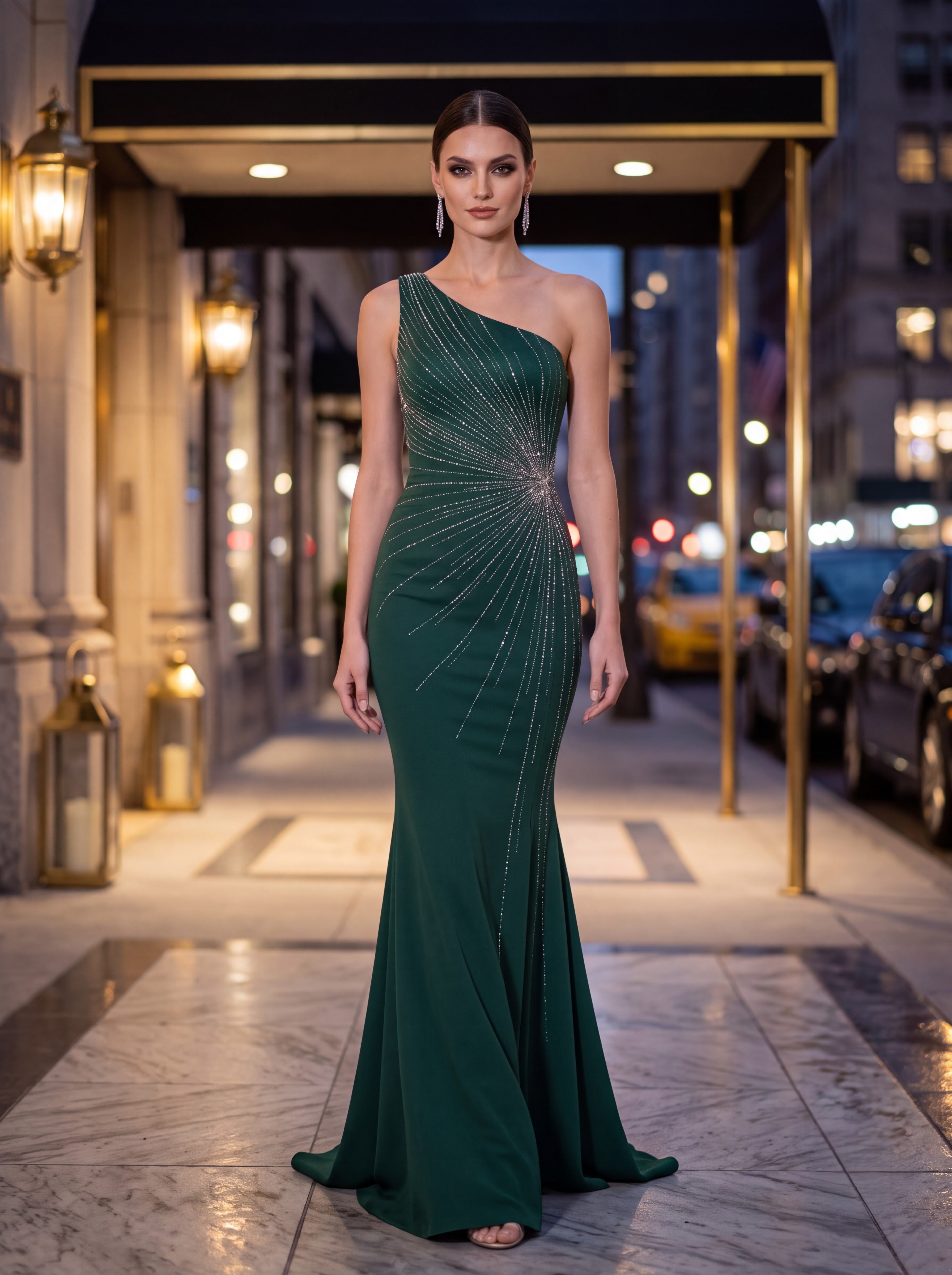 Emerald Green One Shoulder Embellished Evening Gown