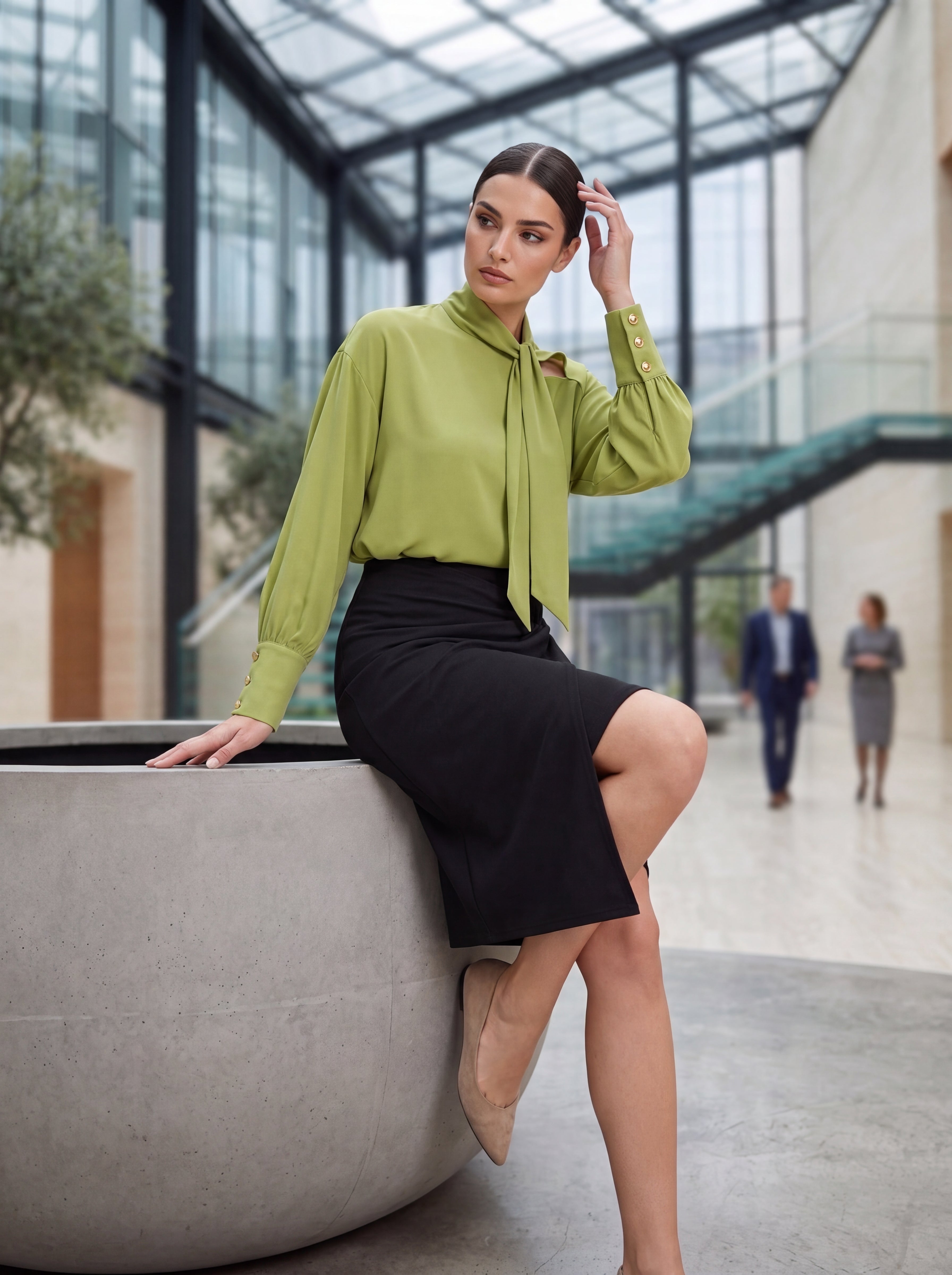 Woman's Sage Green Tie-Neck Blouse | Premium European Women's Elegant Top