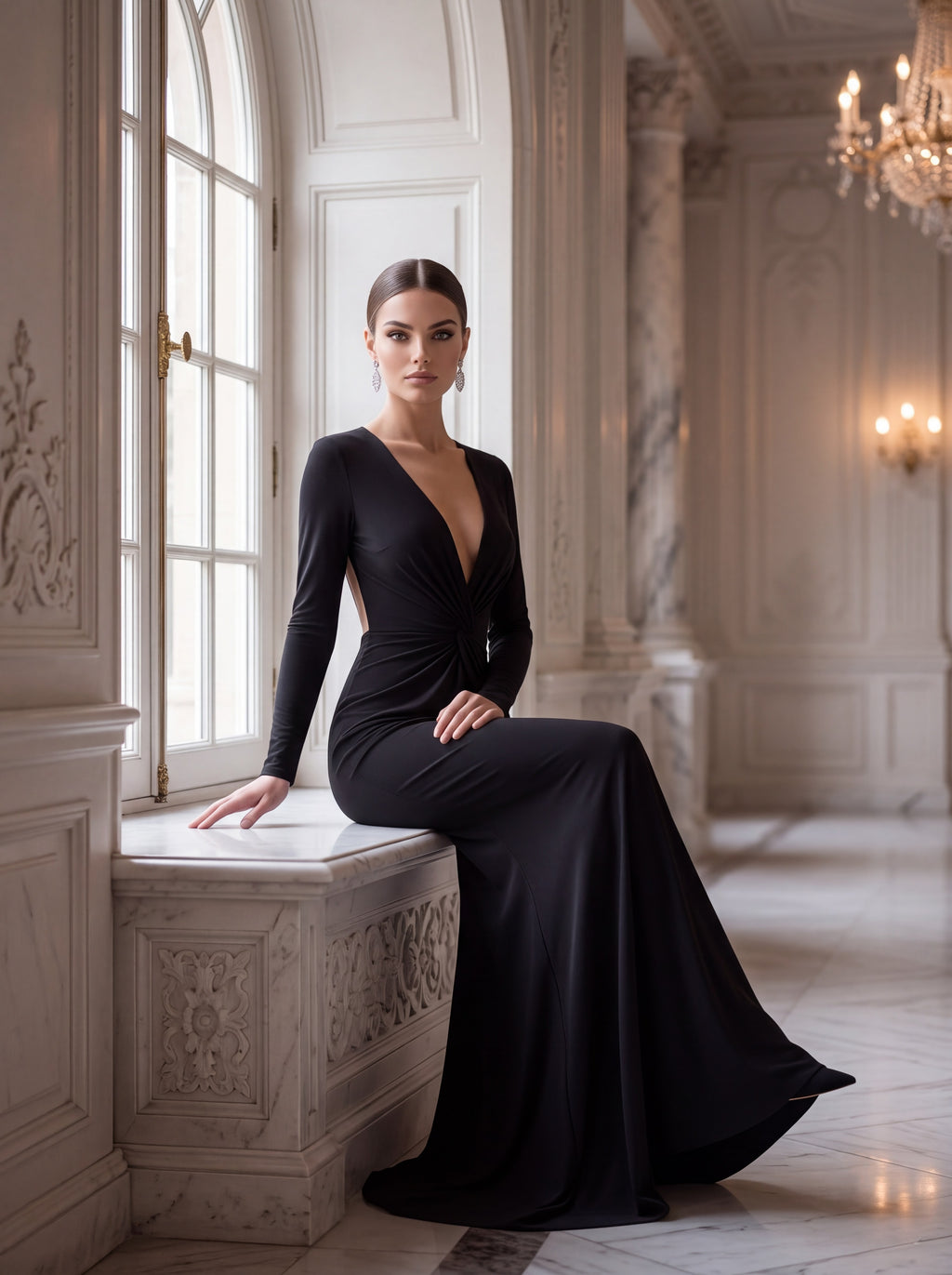 Black Open Back Long Sleeve Evening Gown