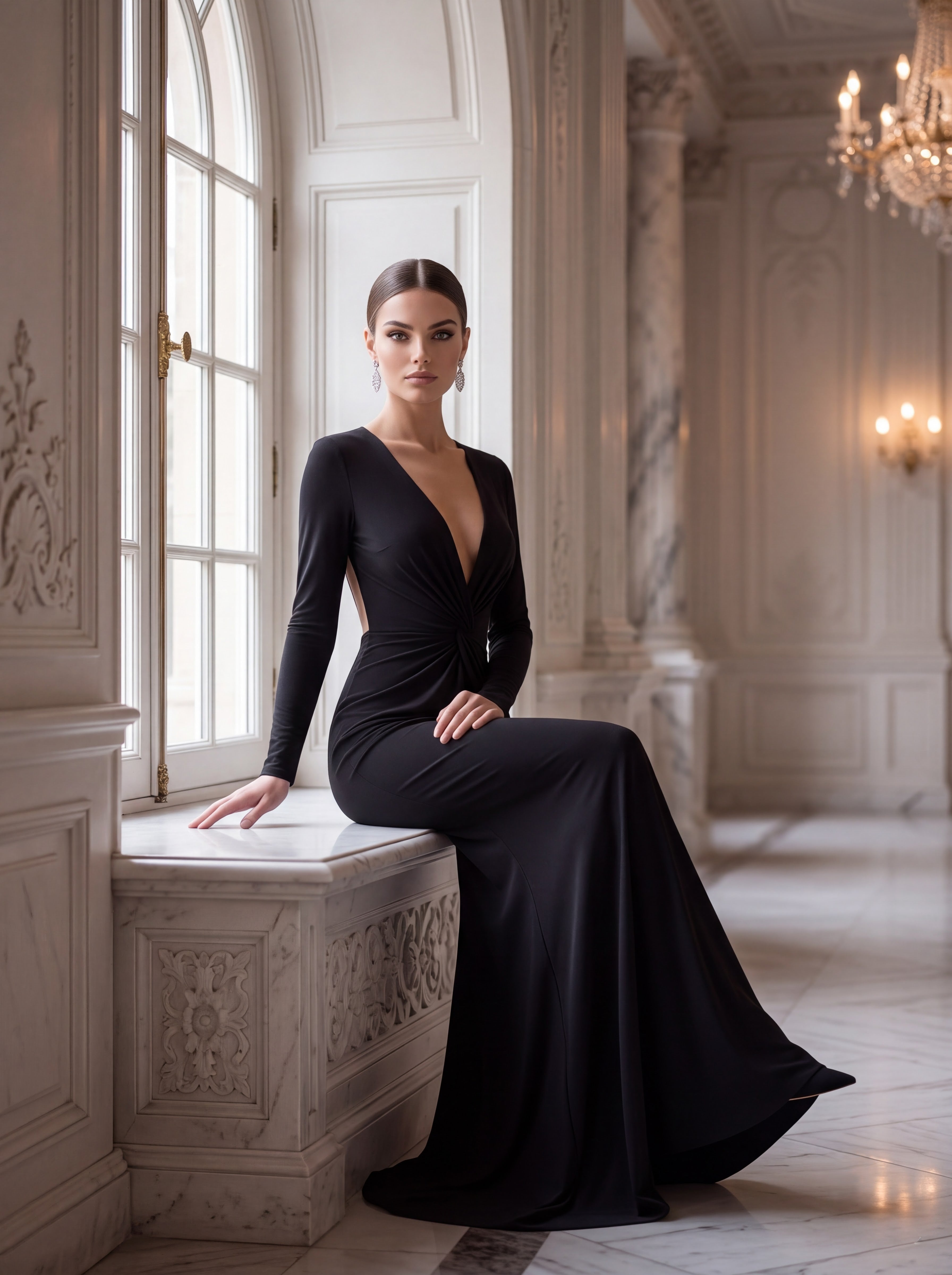 Black Open Back Long Sleeve Evening Gown