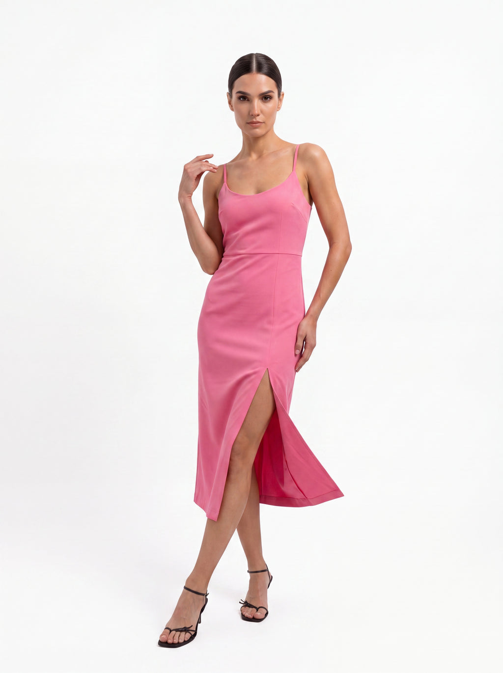 Women's Pink Square Neck Midi Dress – Elegant Sleeveless Bodycon Dress with Front Slit