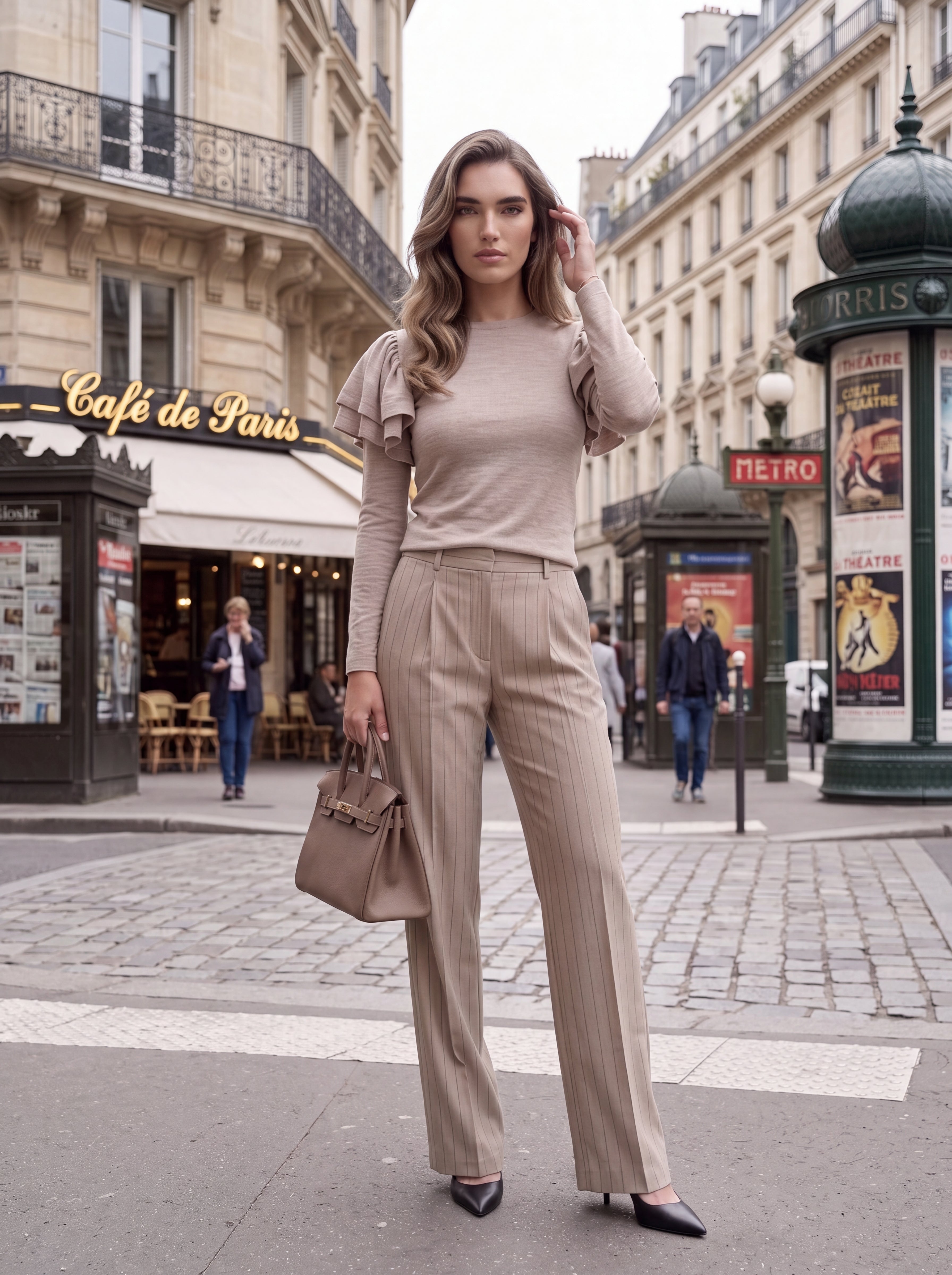 Women's Beige Ruffle Shoulder Long Sleeve Knit Top – Elegant European Statement Top
