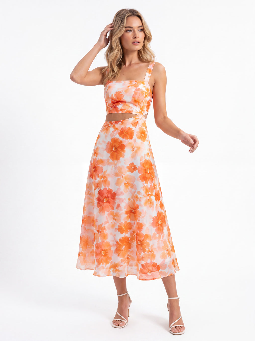 Orange Floral Cut-Out Midi Dress