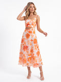 Orange Floral Cut-Out Midi Dress
