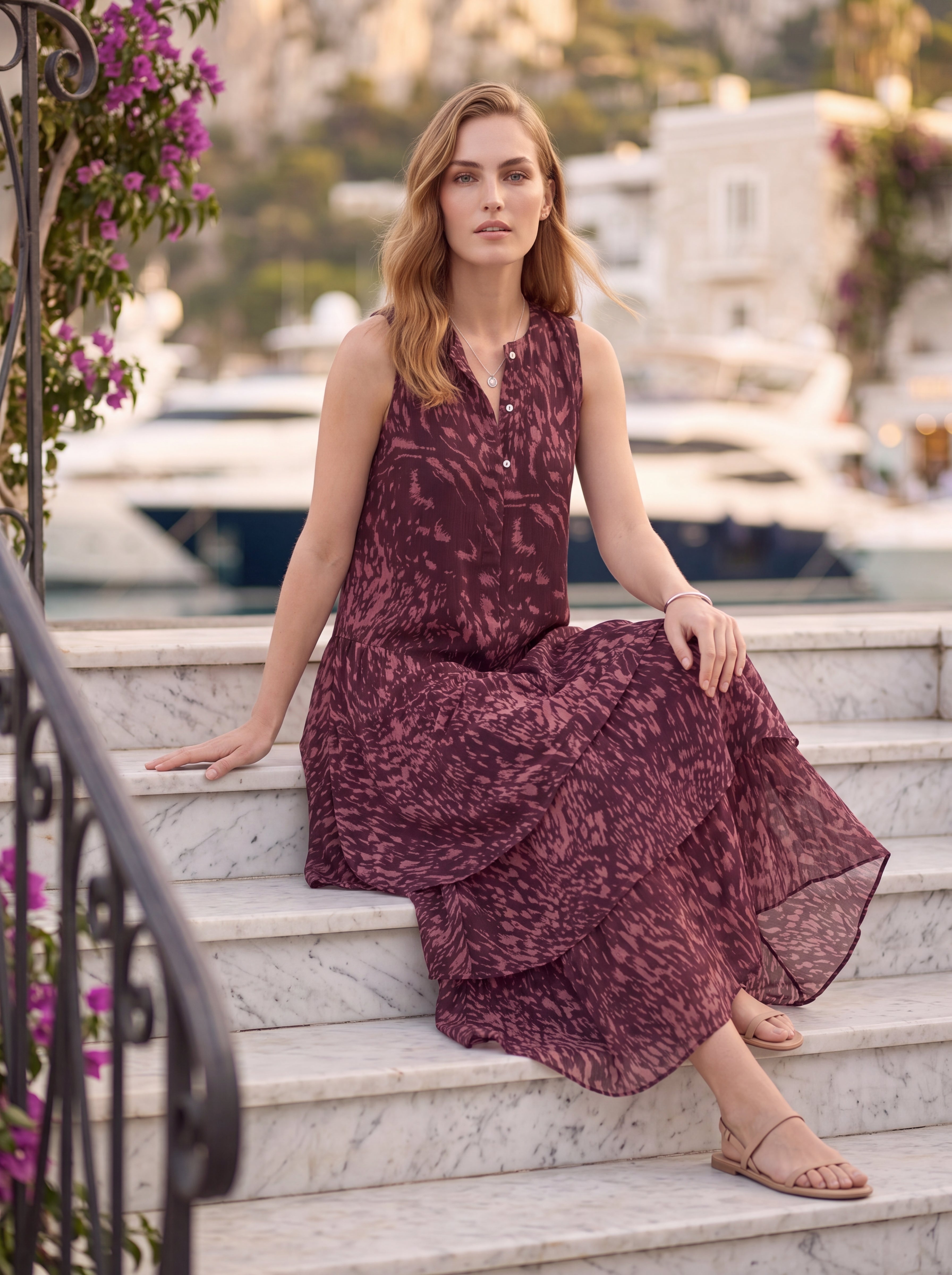 Women's Printed Tiered Sleeveless Midi Dress – Burgundy