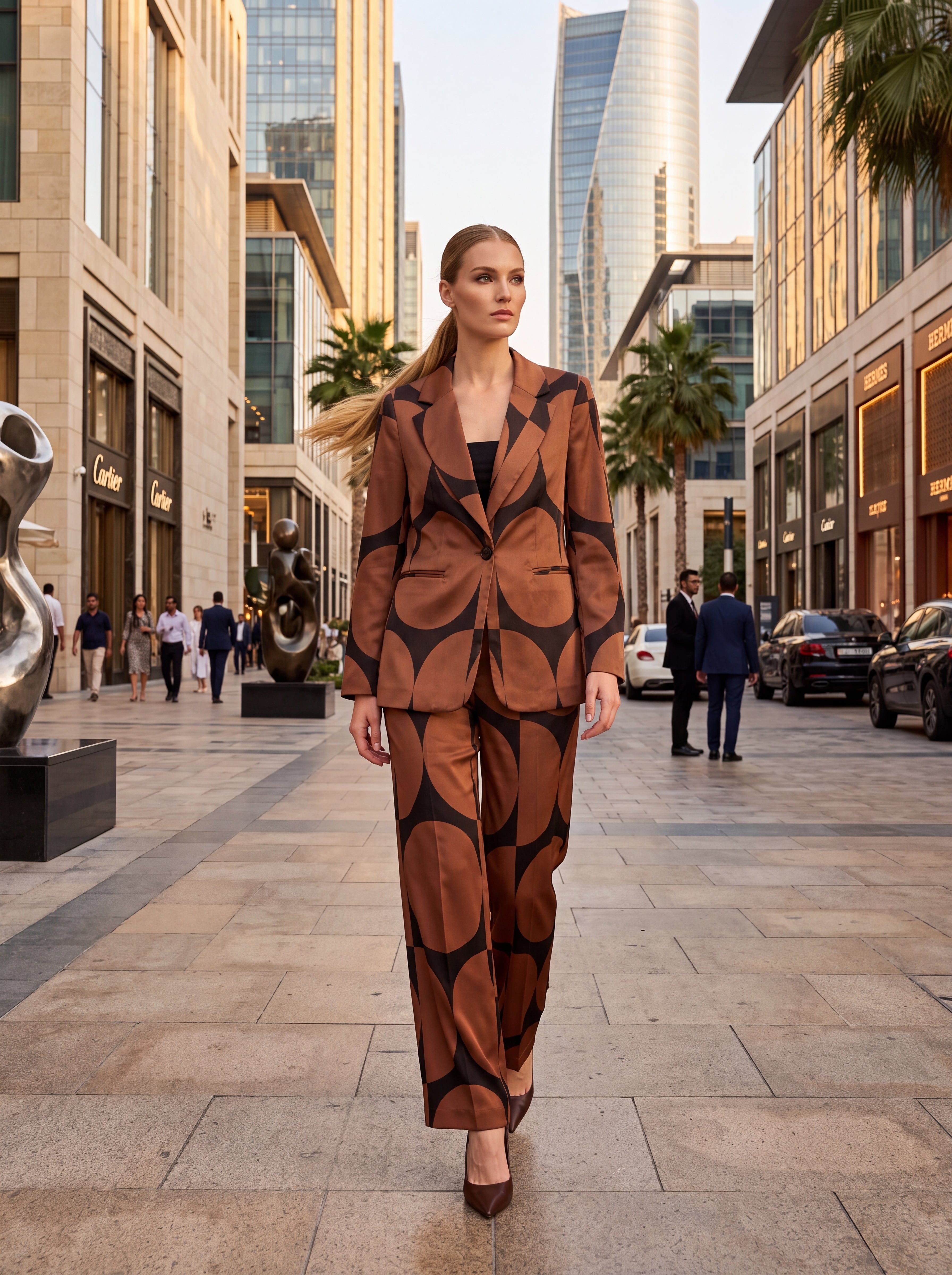 Women's Brown Geometric Print Tailored Blazer | Premium European Statement Blazer