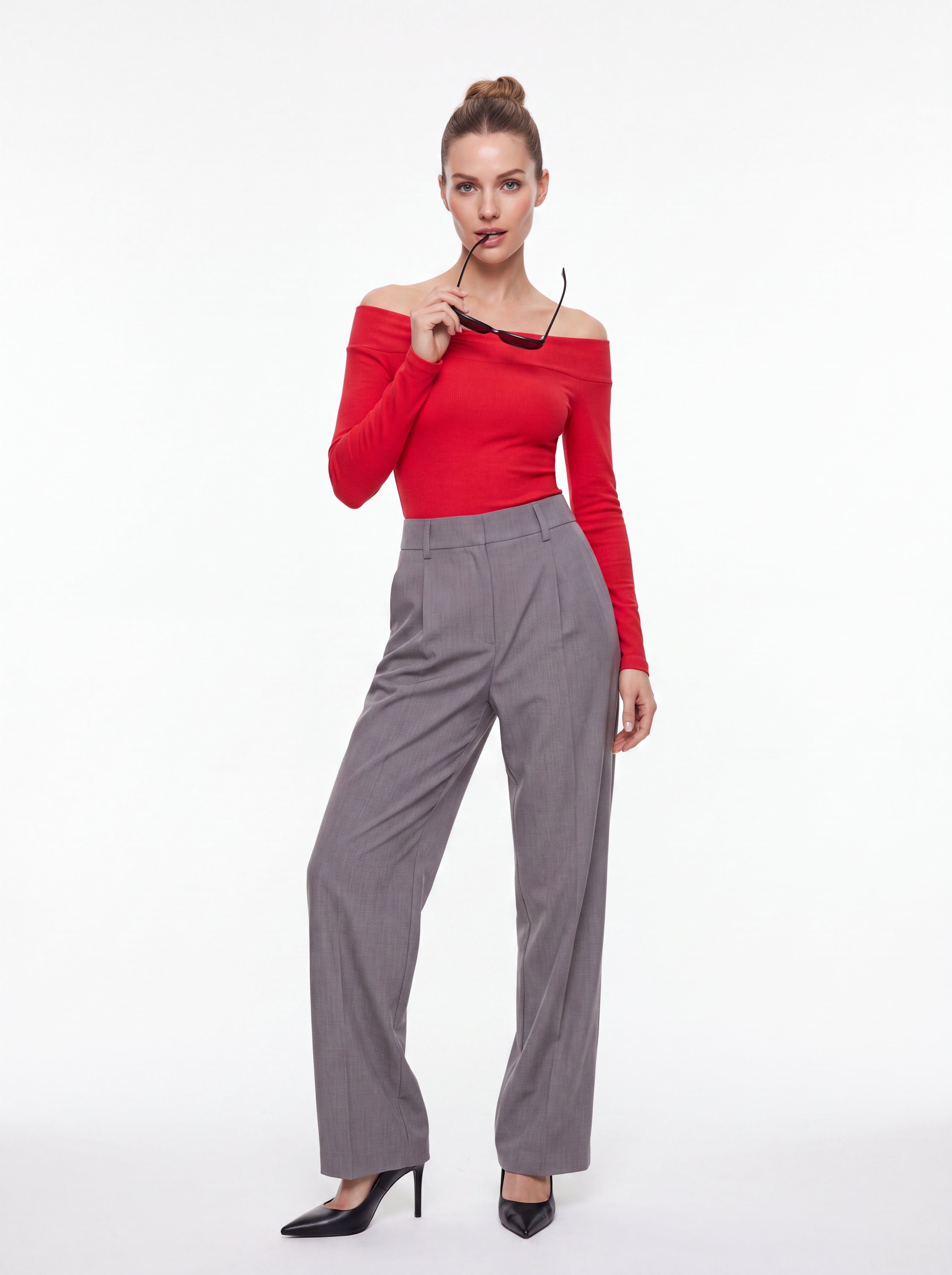 Women's Red Off-Shoulder Long Sleeve Knit Top – Elegant European Fitted Top