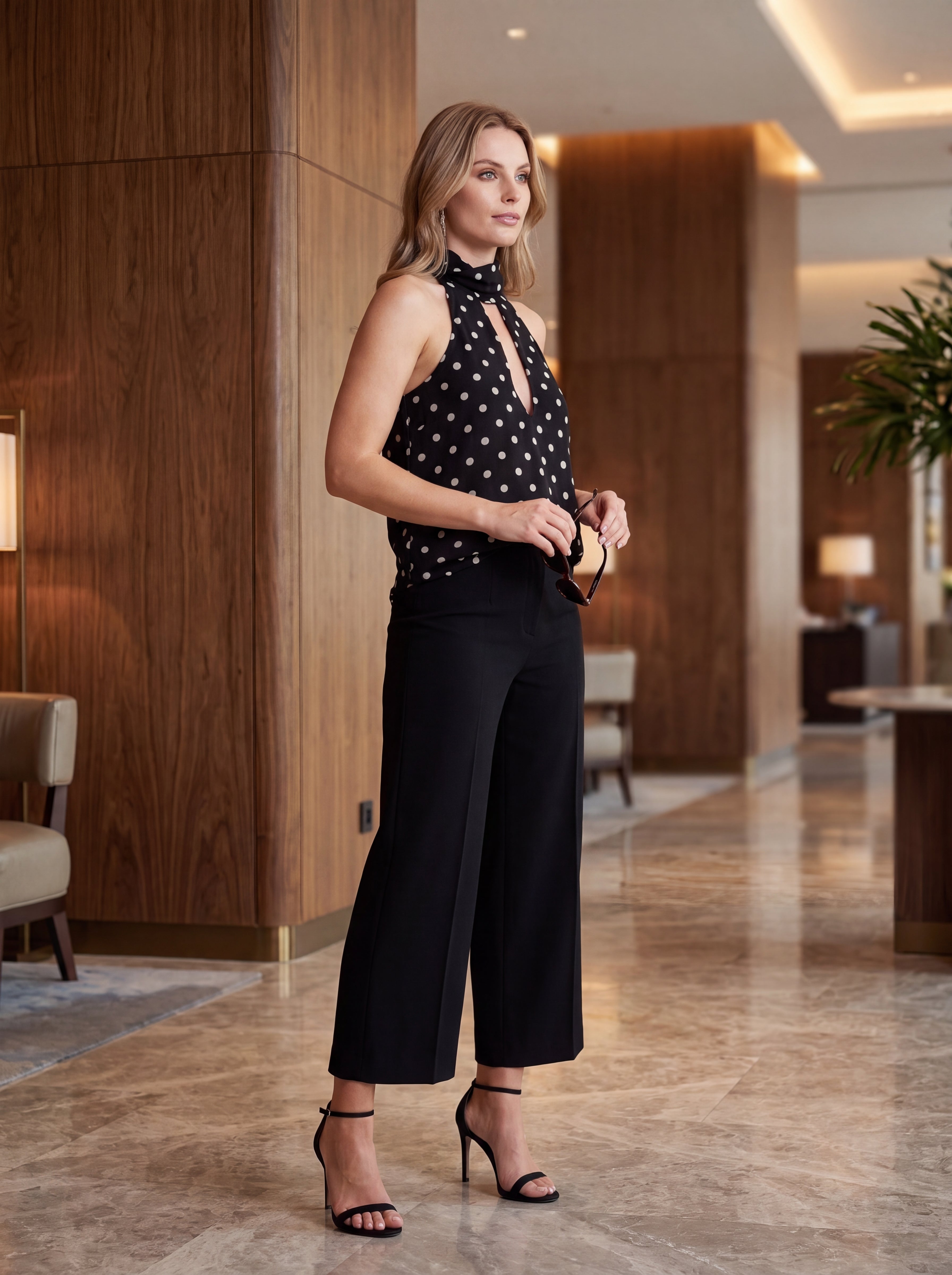 Women's Black Polka Dot Halter Neck Top | Premium European Women's Sleeveless Blouse