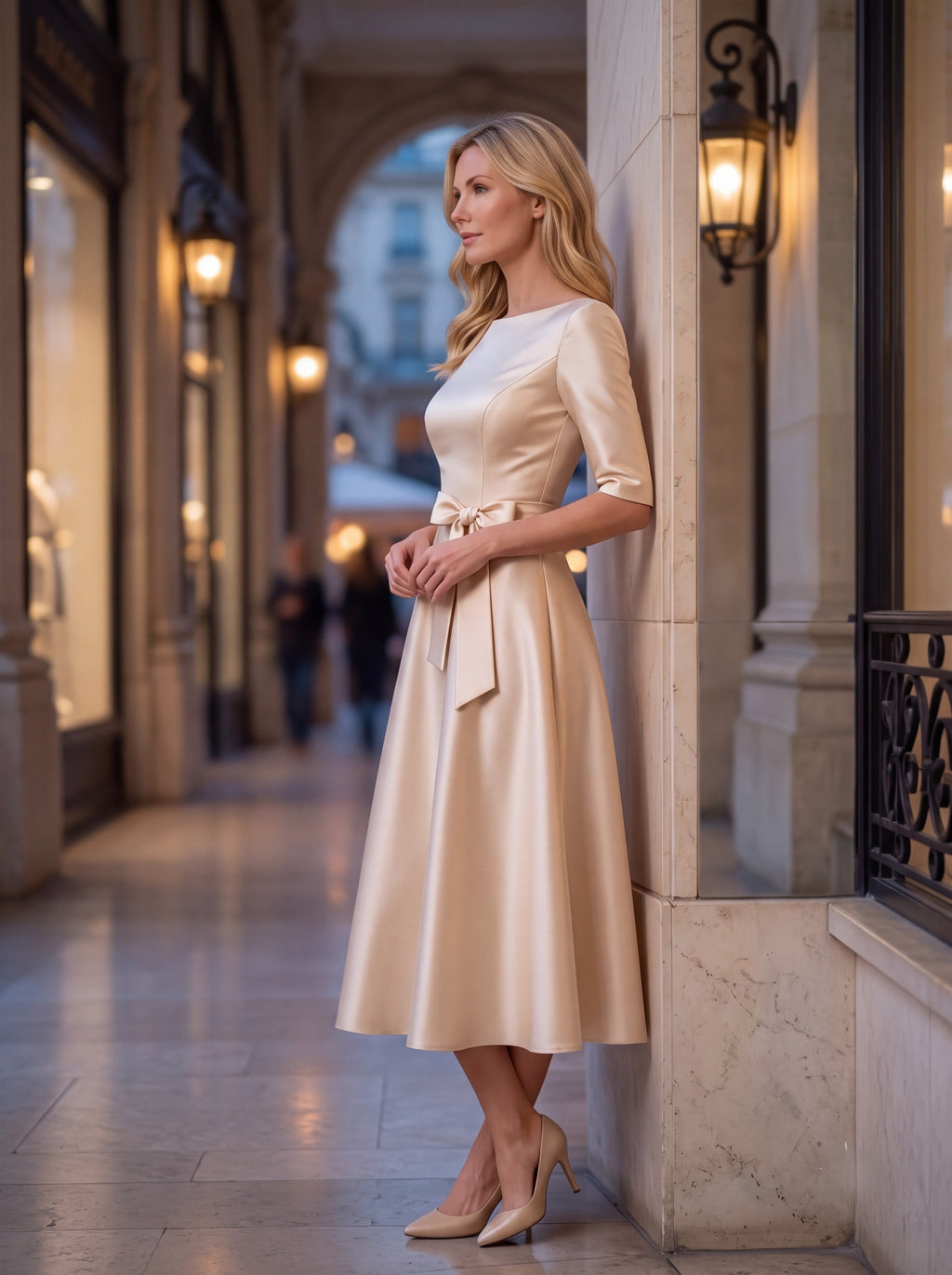 Champagne Satin A-Line Midi Dress