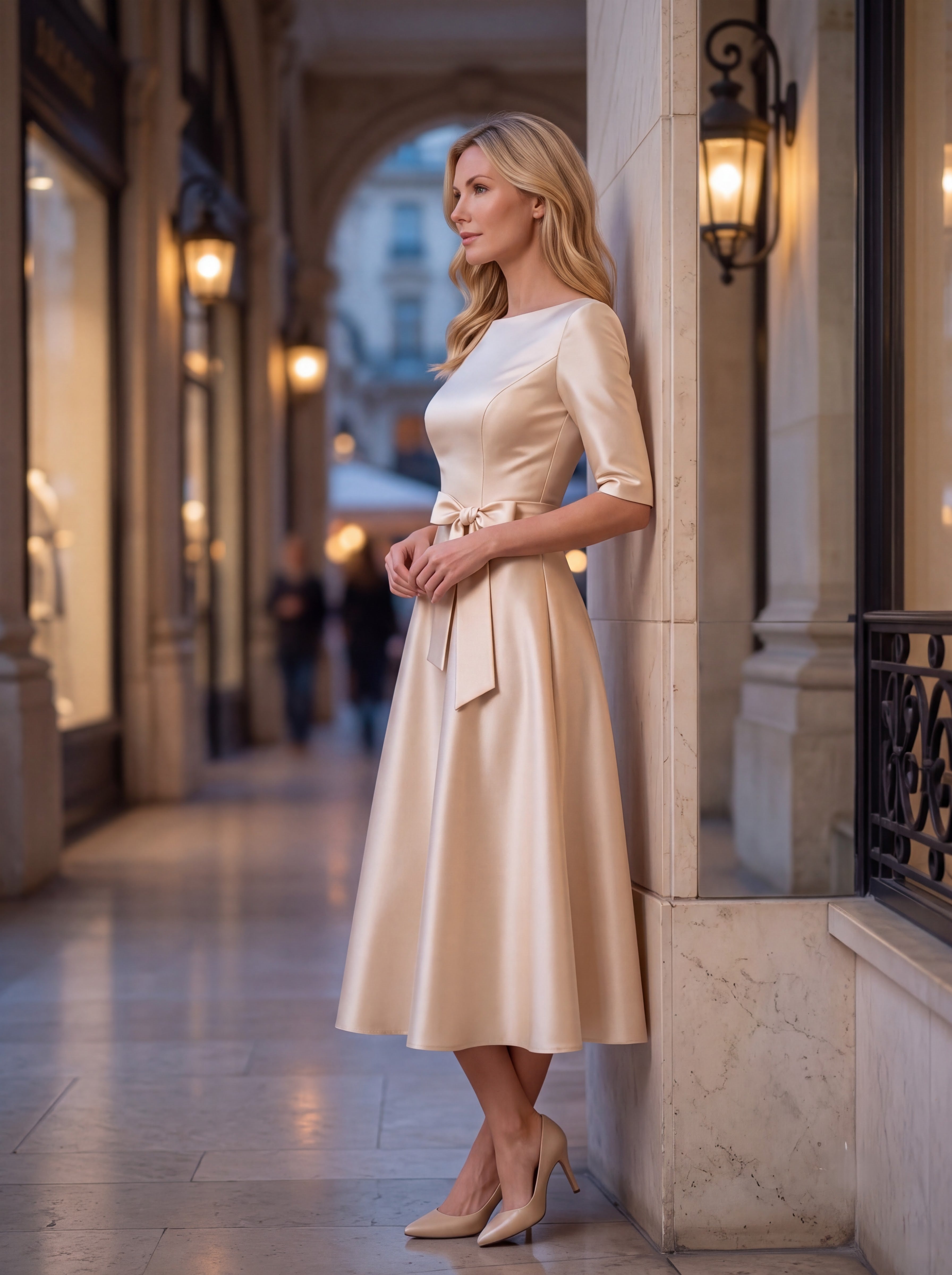 Champagne Satin A-Line Midi Dress