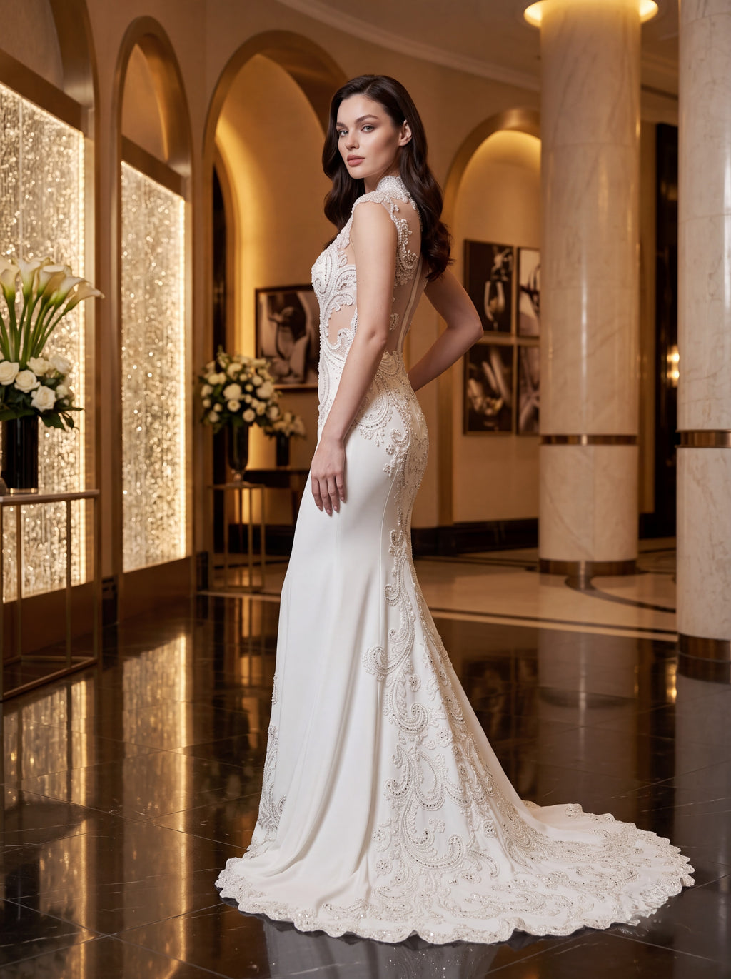 Ivory Embroidered Mermaid Evening Gown