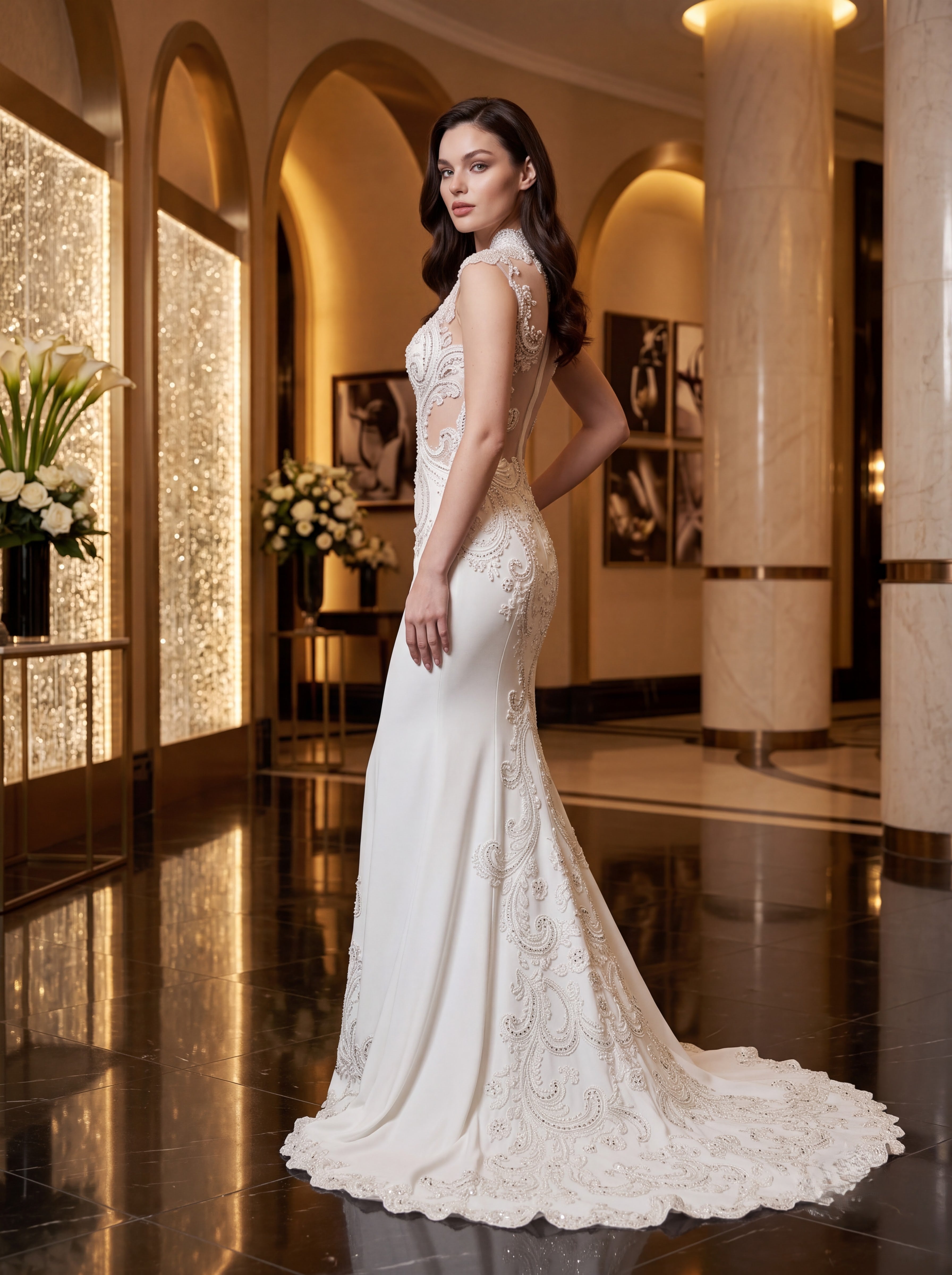 Ivory Embroidered Mermaid Evening Gown