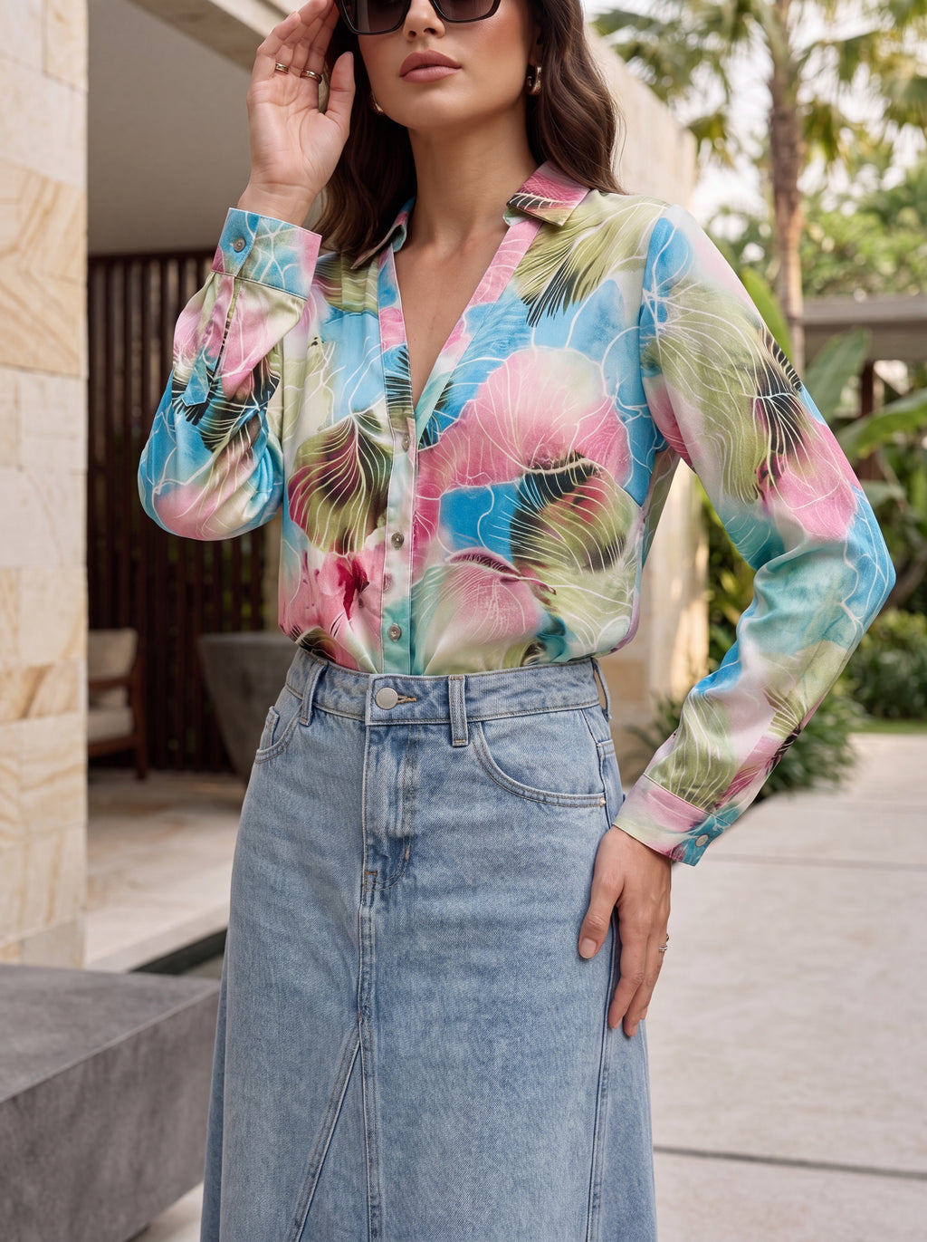 Women's Watercolor Floral Satin Shirt | Premium European Designer Blouse