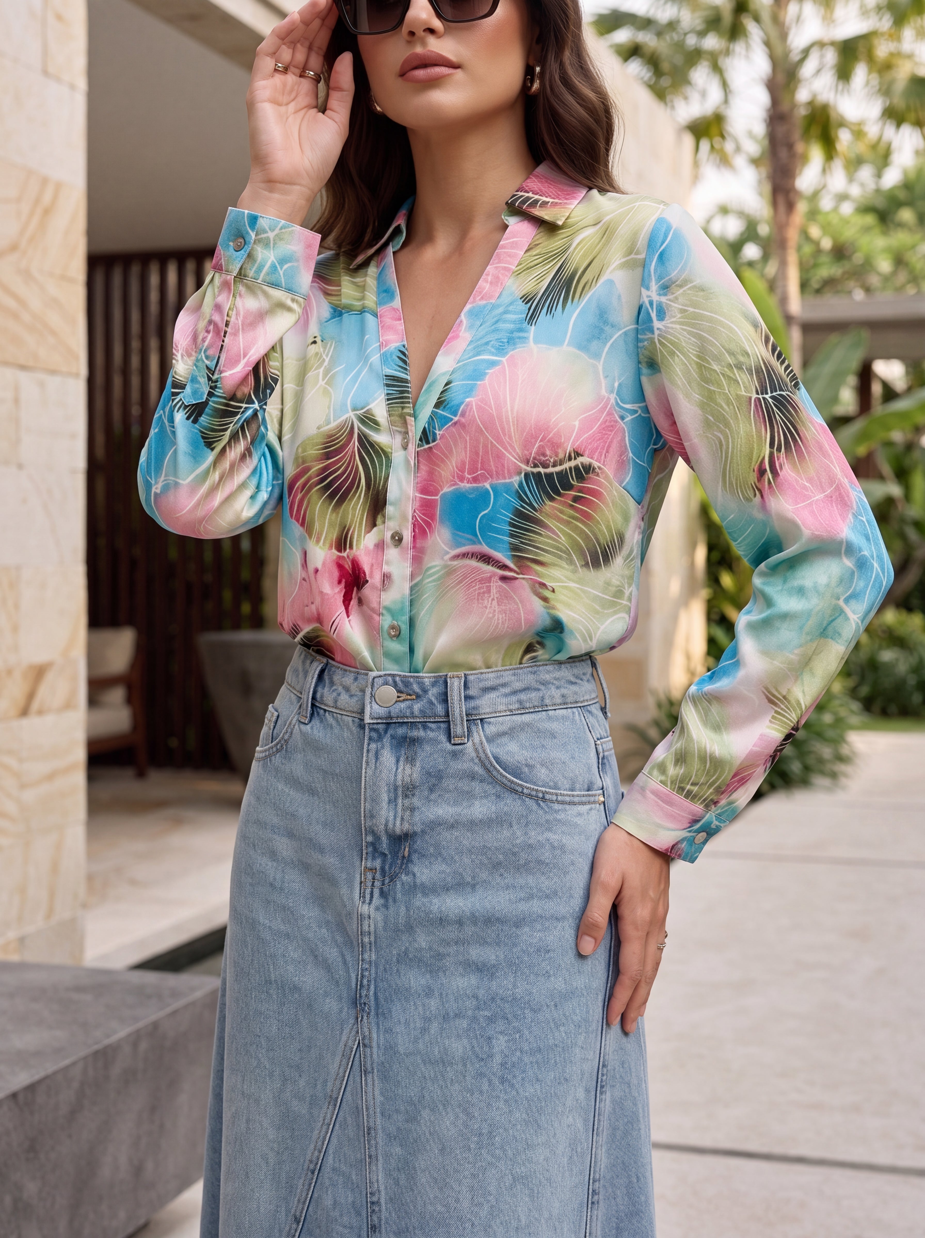 Women's Watercolor Floral Satin Shirt | Premium European Designer Blouse