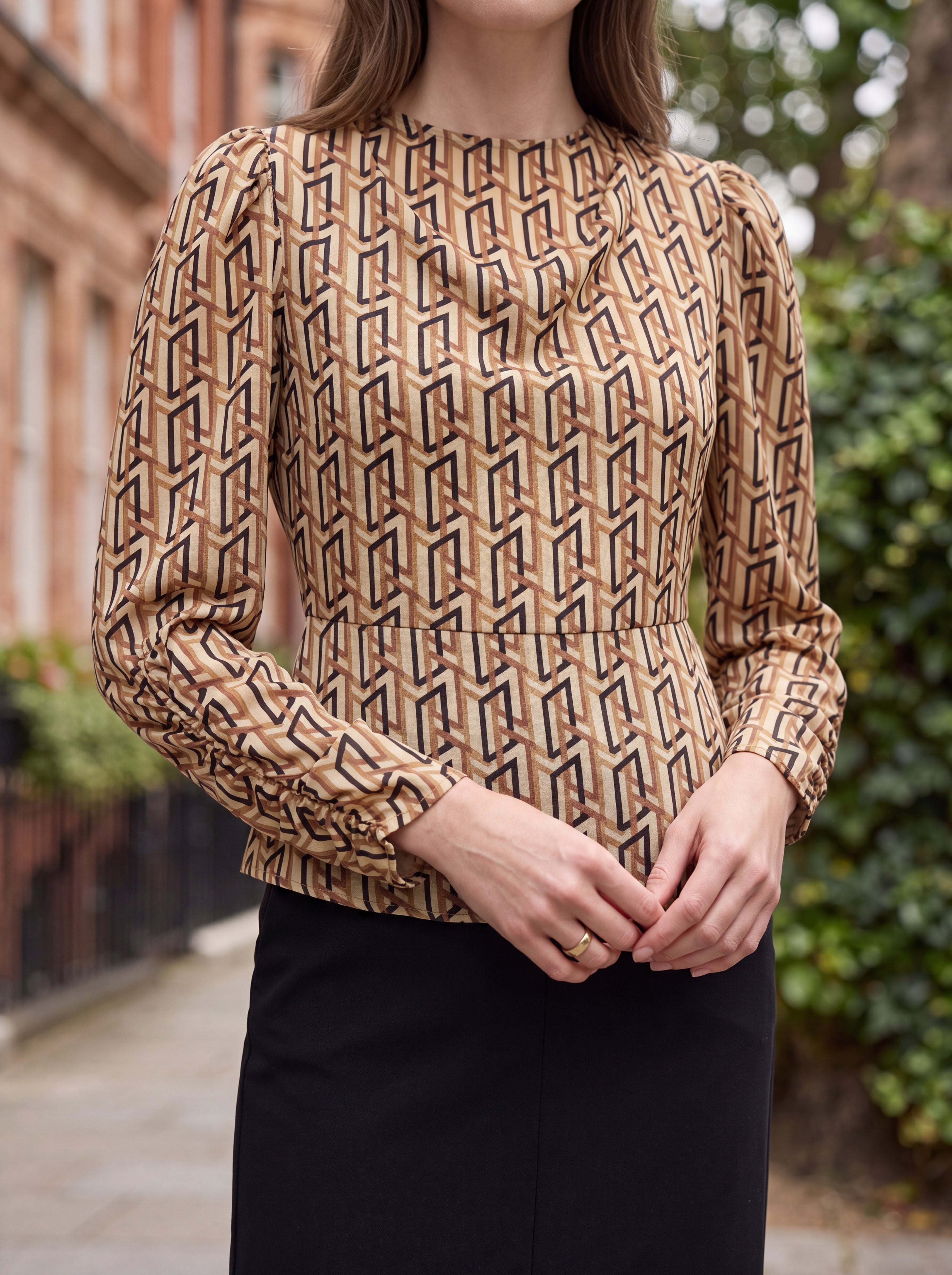 Women's Geometric Print High Neck Blouse | Elegant Long Sleeve Statement Top