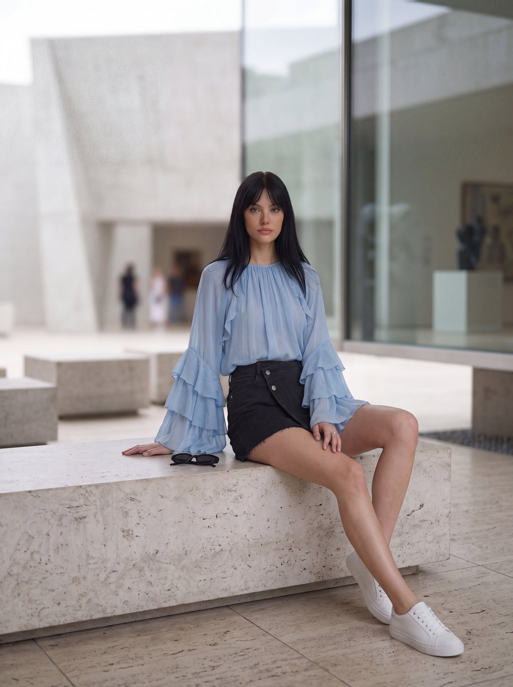 Women's Sky Blue Ruffle Sleeve Blouse | Premium European Women's Elegant Top