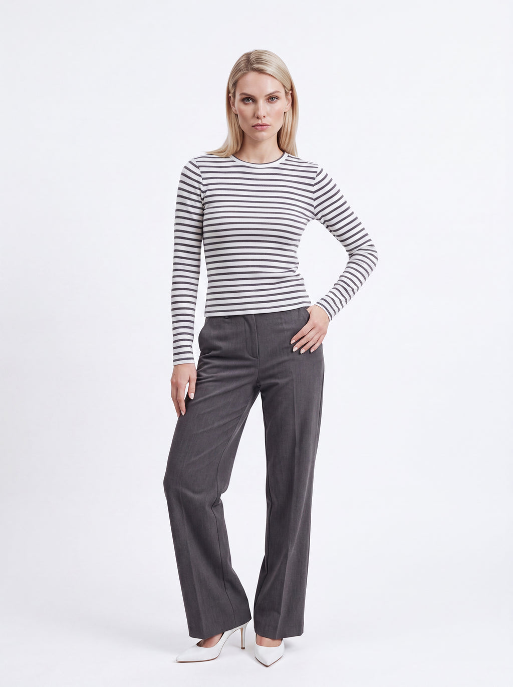 Women's White & Black Striped Long Sleeve Knit Top – Classic European Everyday Top