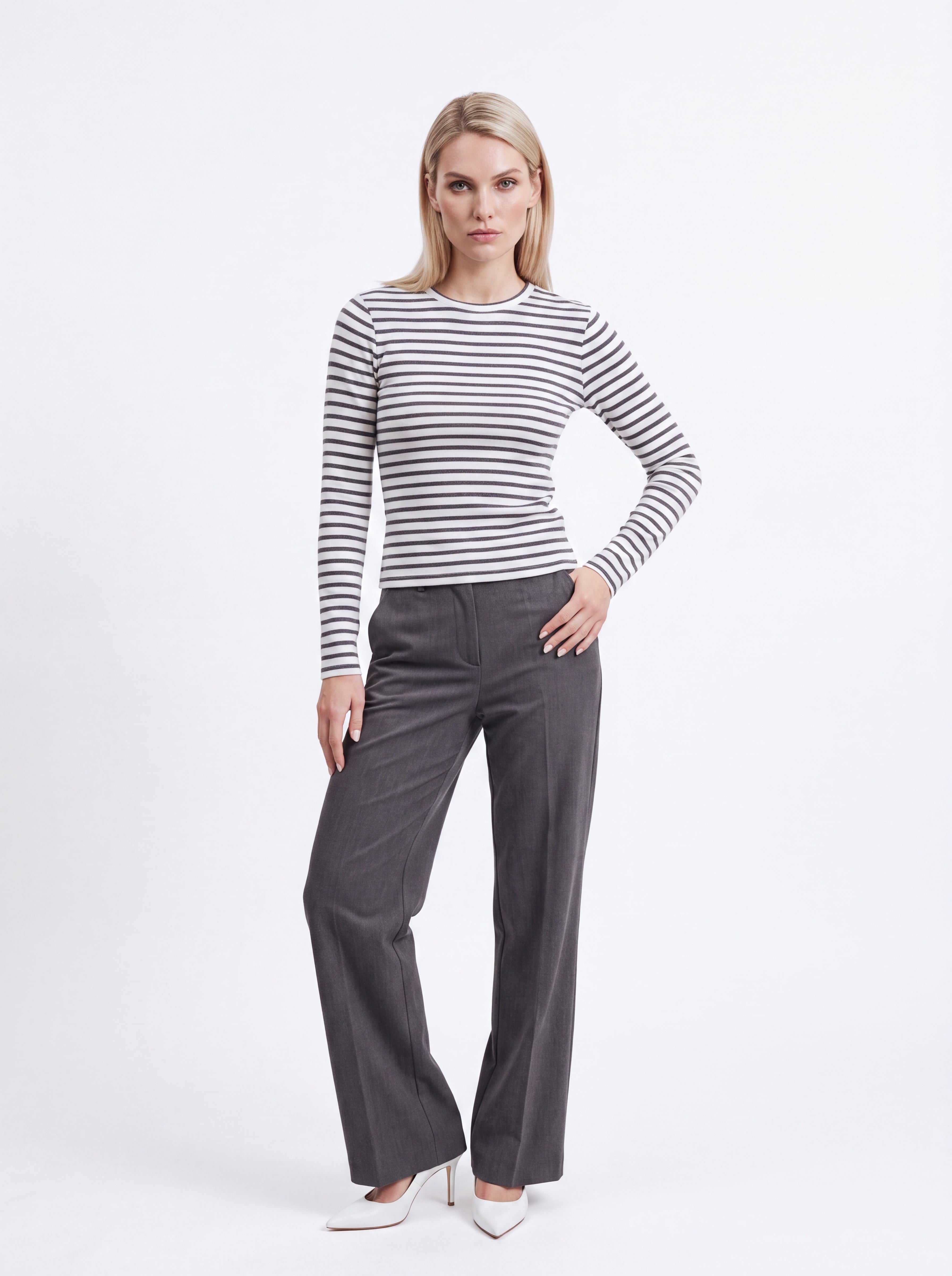 Women's White & Black Striped Long Sleeve Knit Top – Classic European Everyday Top