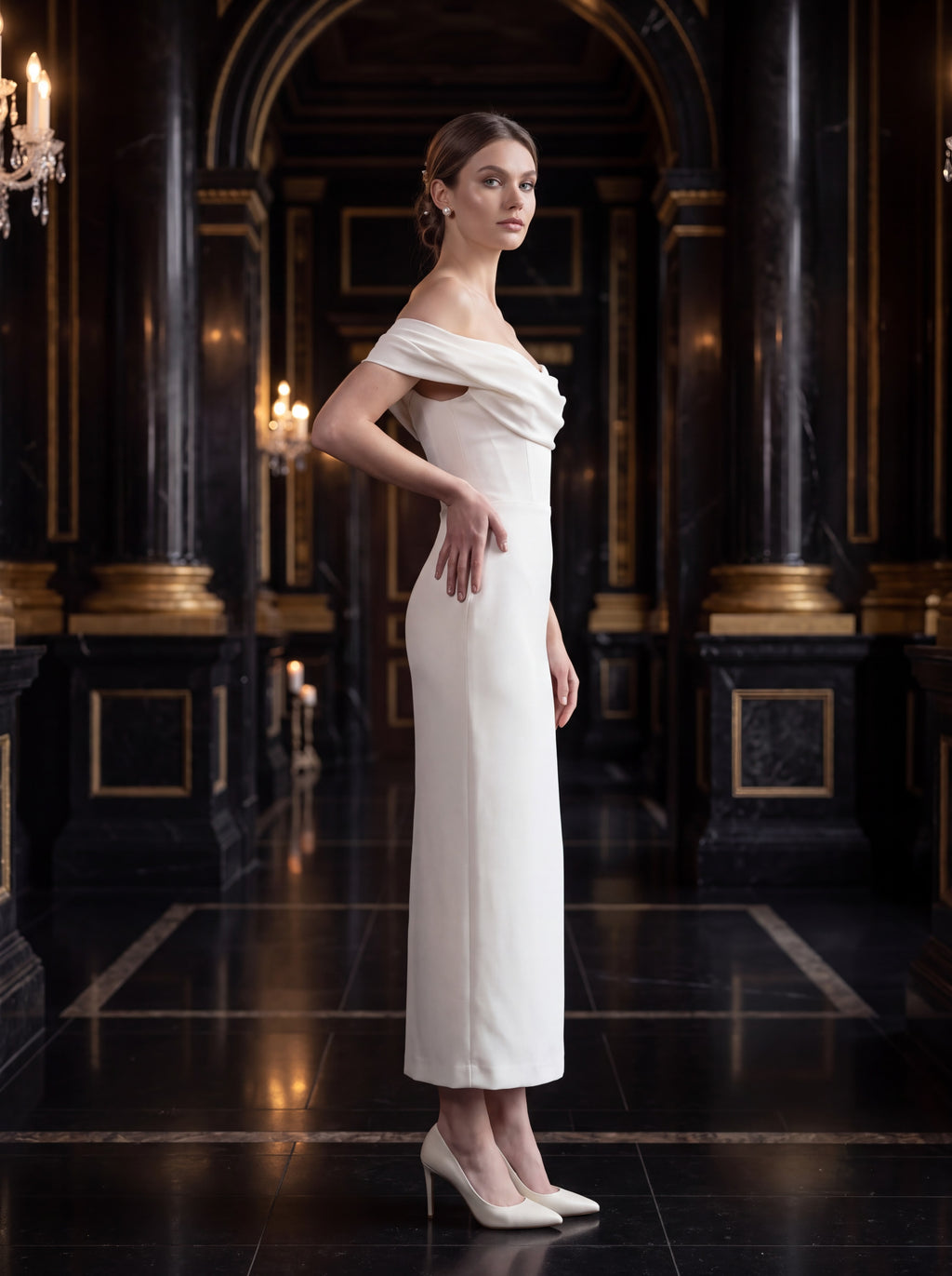 Ivory Off-Shoulder Midi Dress