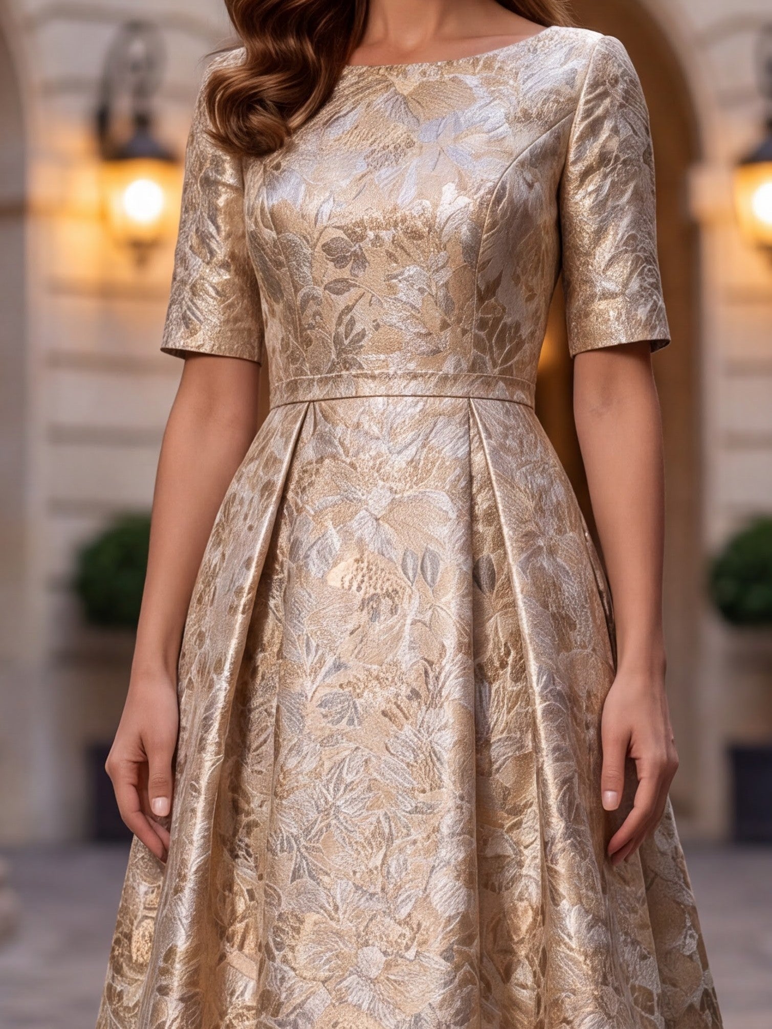 Champagne Floral Jacquard Midi Dress