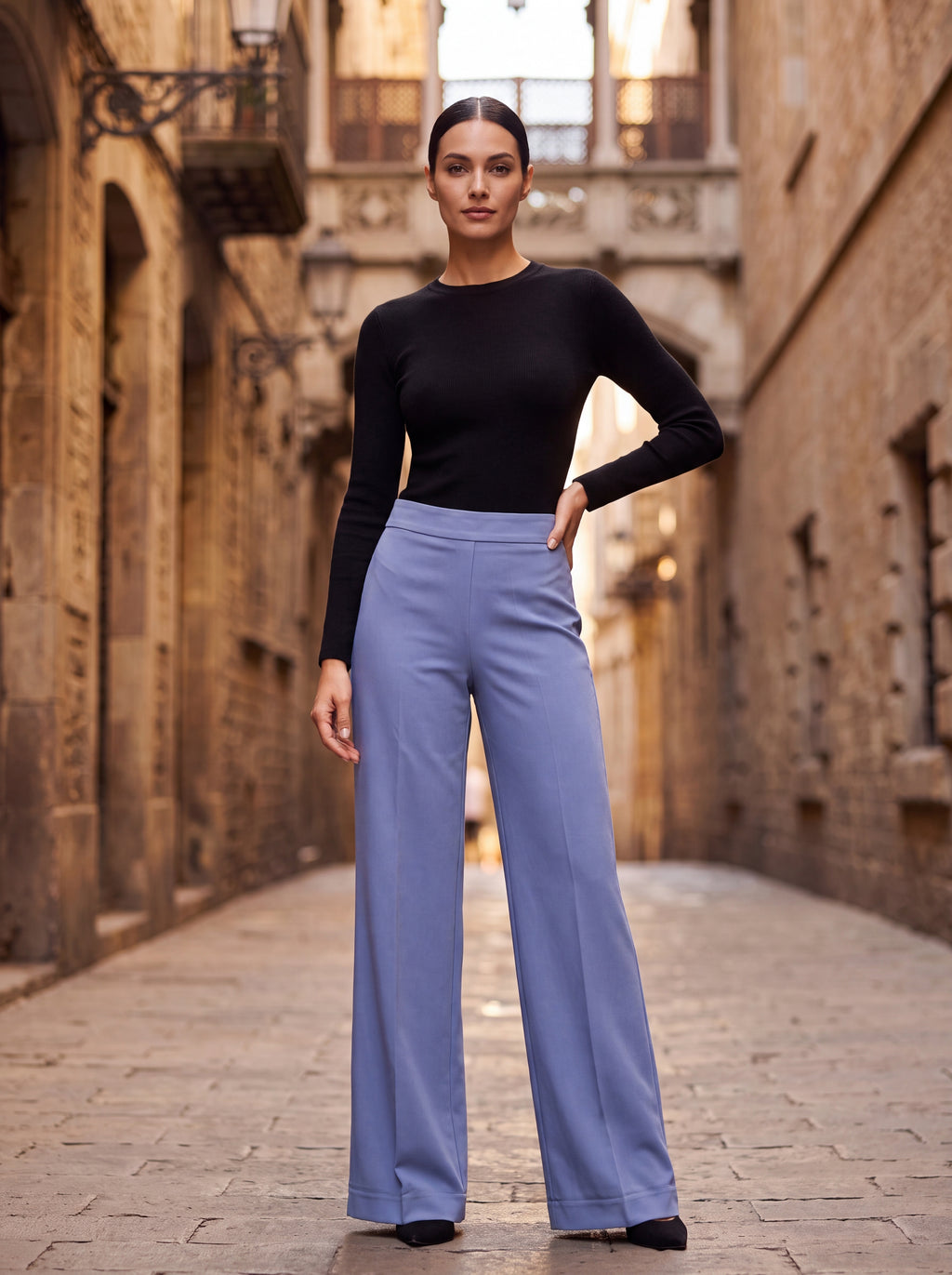Women's Powder Blue Wide Leg Trousers – Premium European High-Waisted Formal Pants