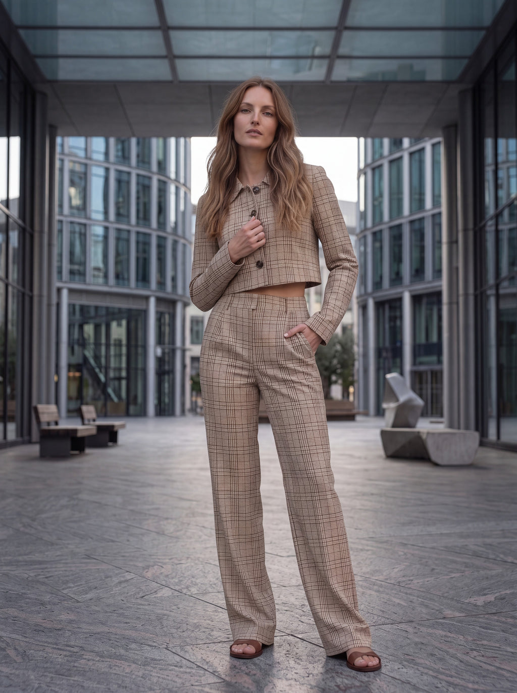 Women's Beige Checkered Cropped Blazer