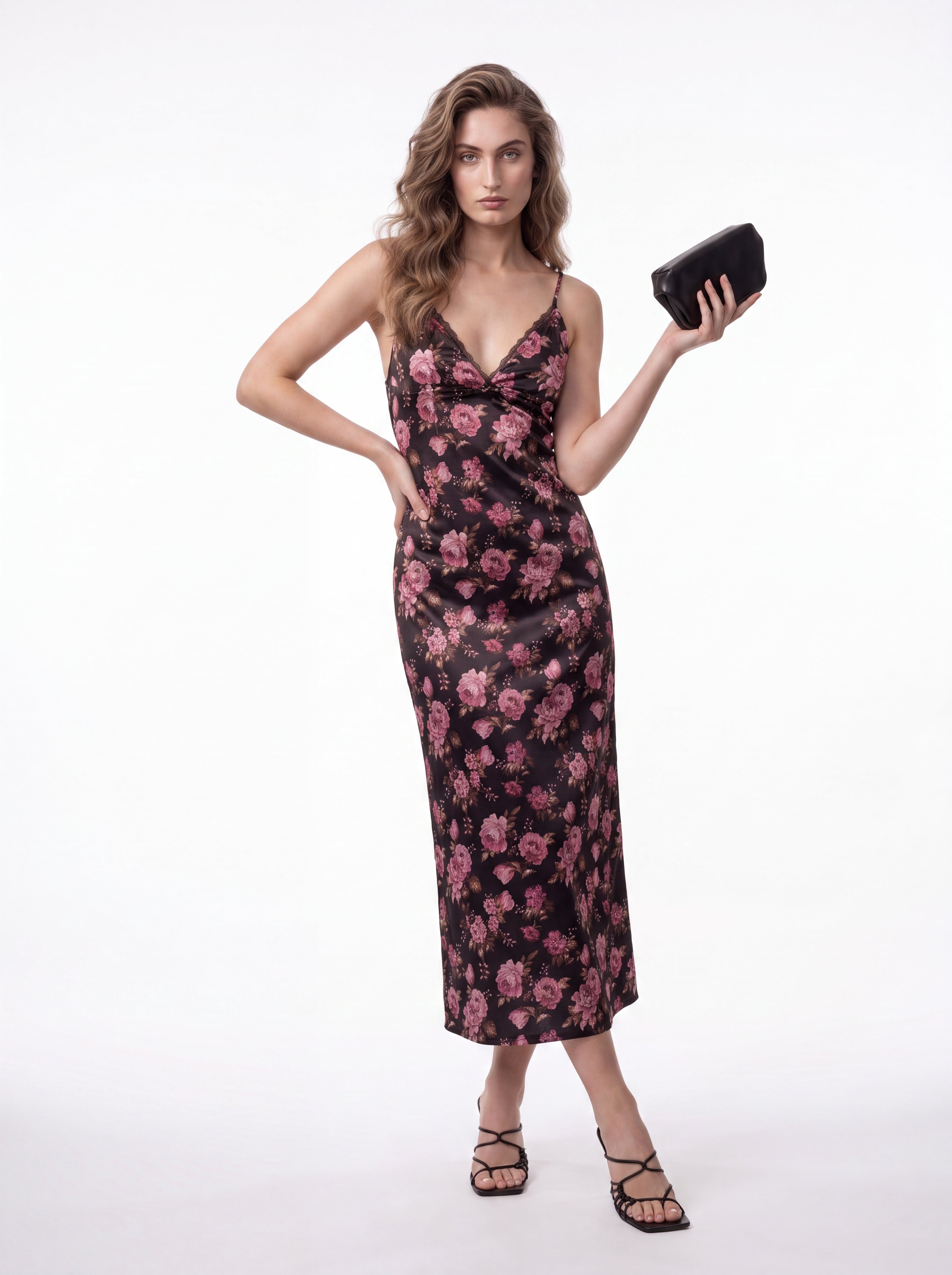 Women's Floral Satin Slip one piece – Black & Rose Pink