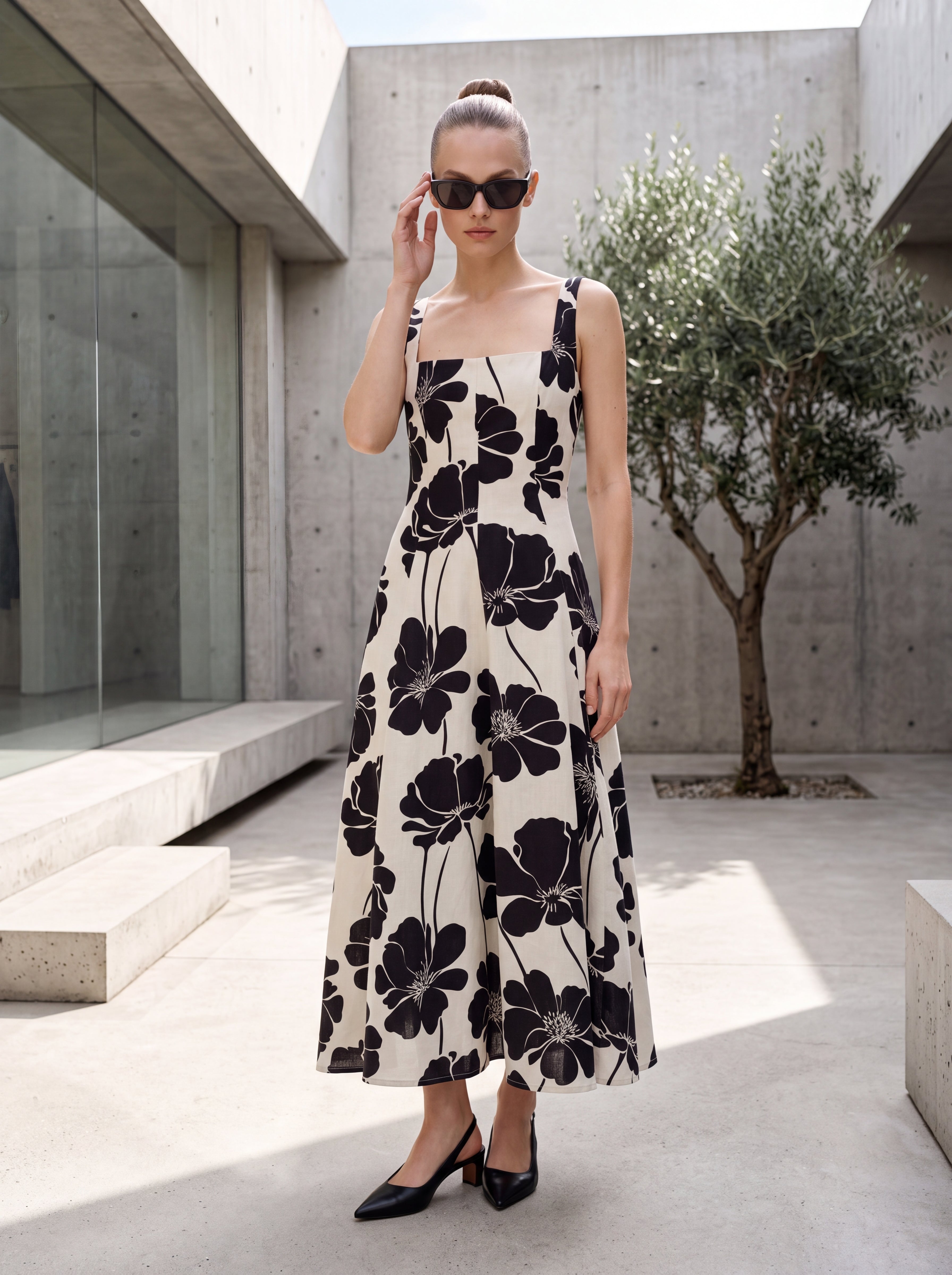 Women's Floral A-Line Midi Dress – Ivory & Black