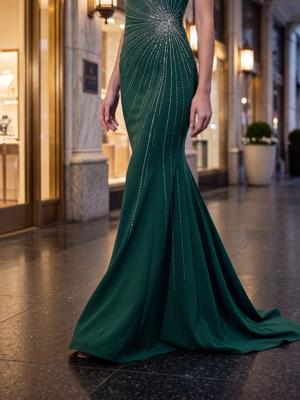 Emerald Green One Shoulder Embellished Evening Gown