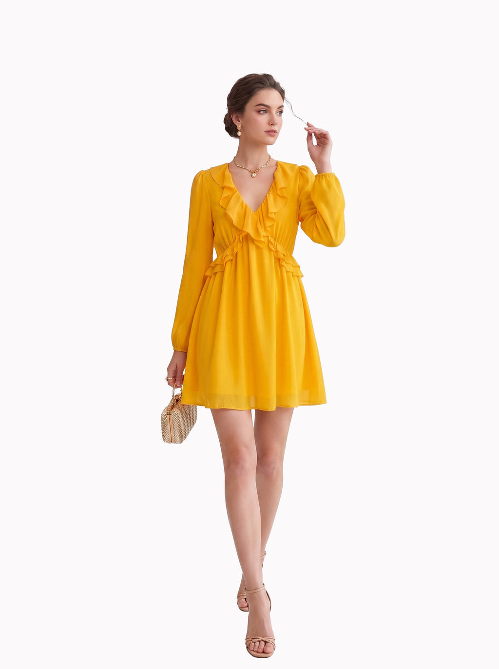 Women's Mustard Yellow Ruffle Mini Dress – Elegant Long Sleeve Party Dress