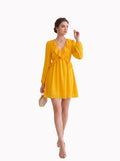 Women's Mustard Yellow Ruffle Mini Dress – Elegant Long Sleeve Party Dress