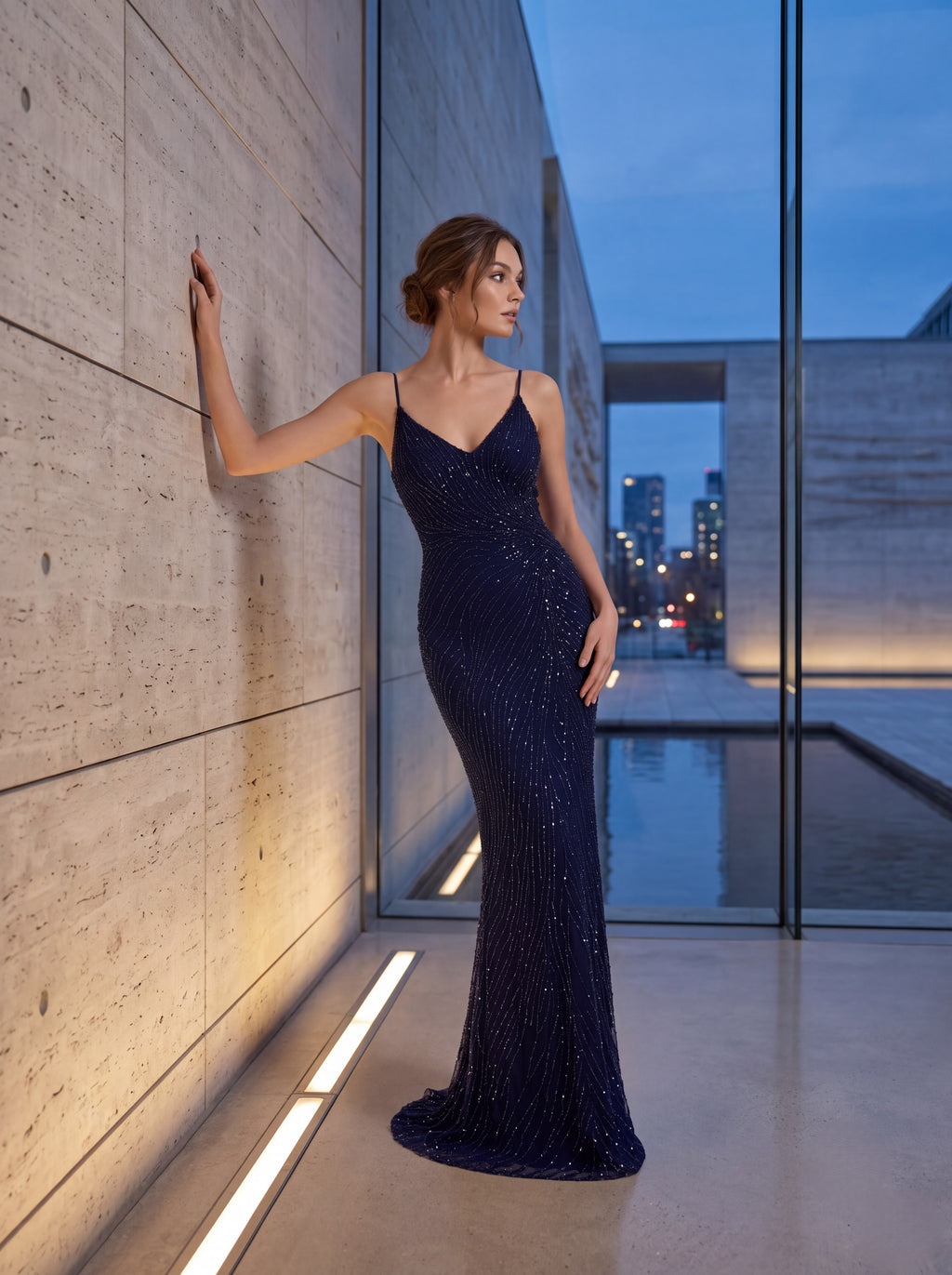 Midnight Blue Embellished Mermaid Evening Gown