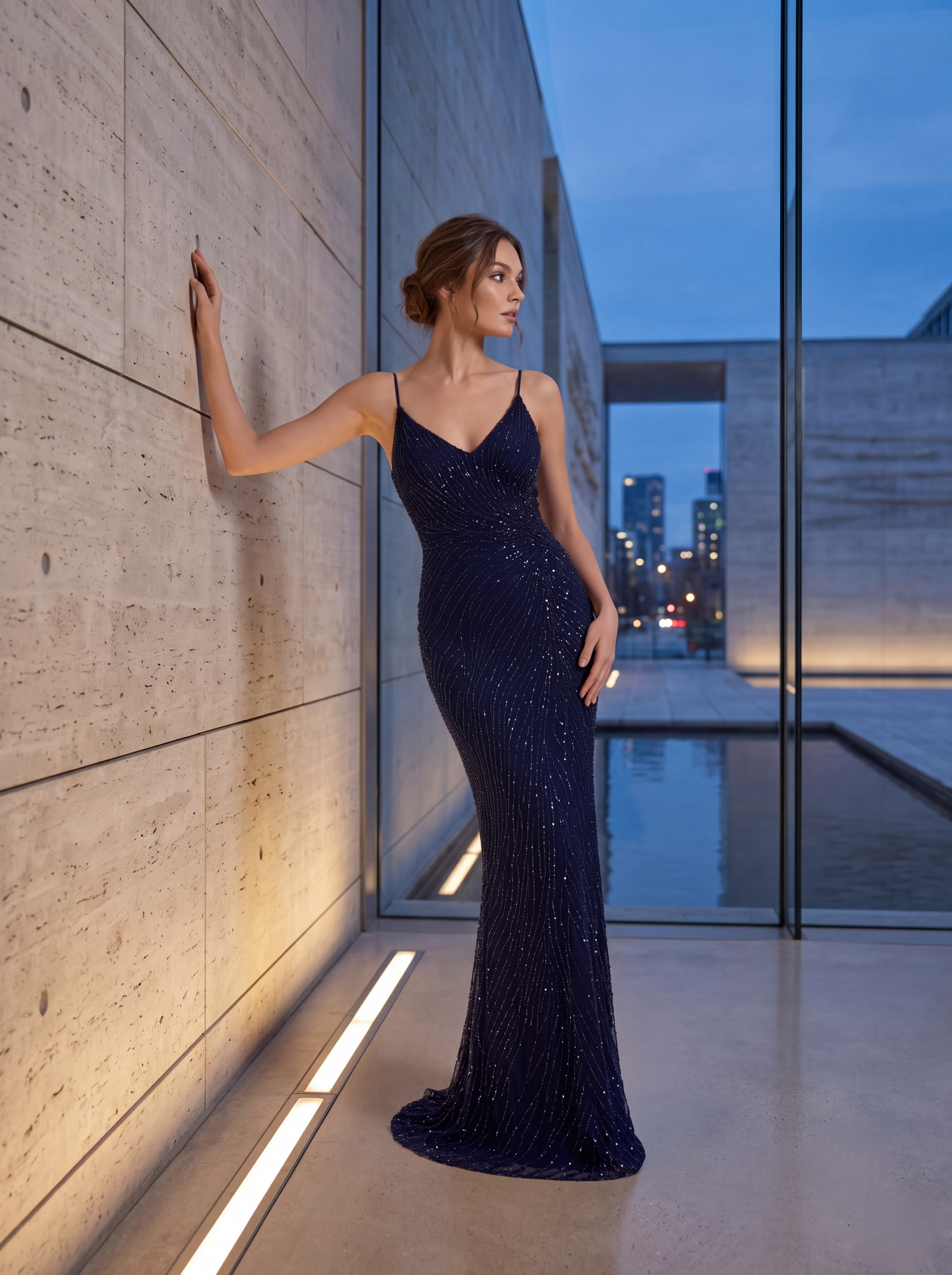 Midnight Blue Embellished Mermaid Evening Gown