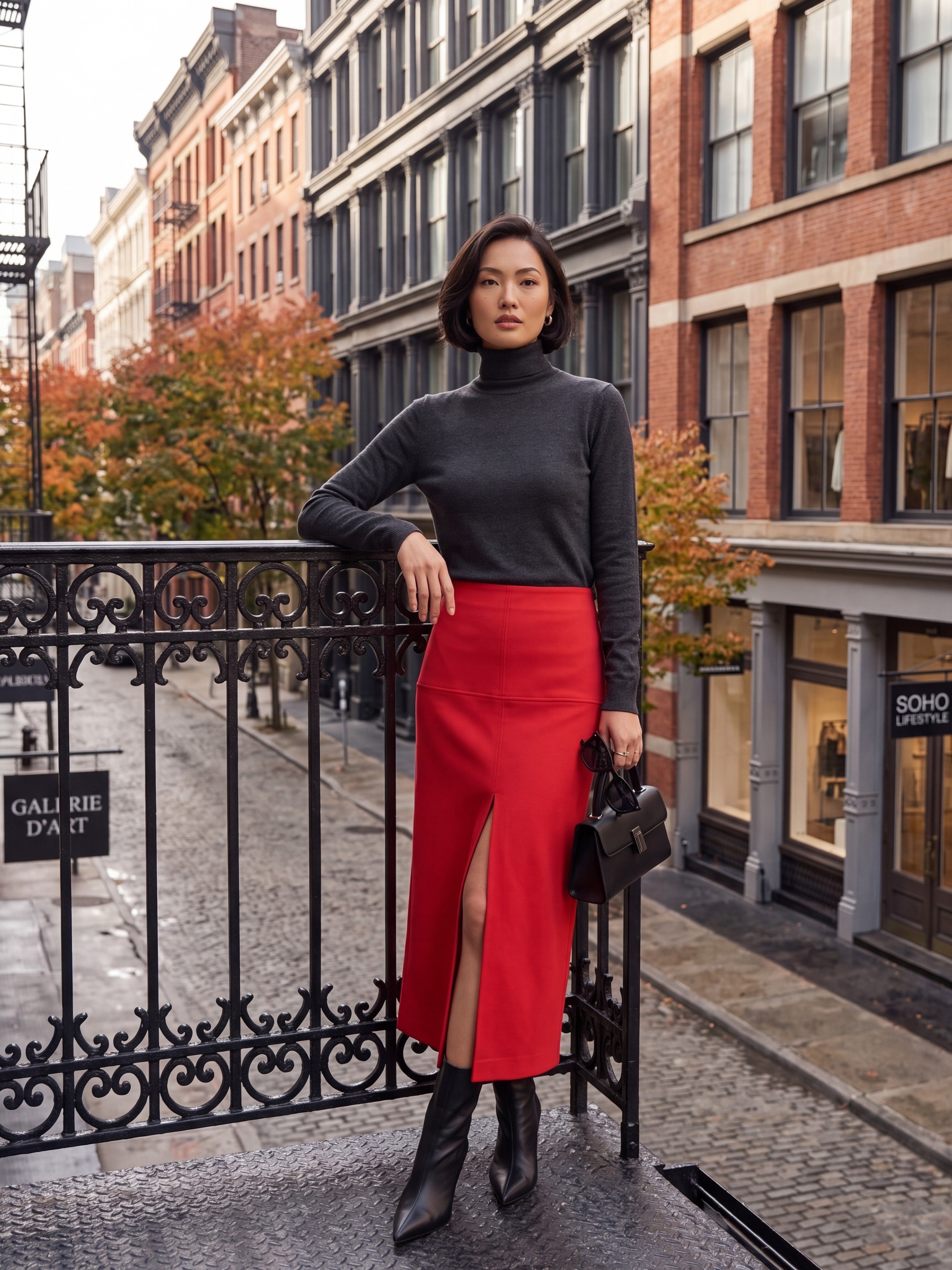 Women's Red Front Slit Midi Pencil Skirt