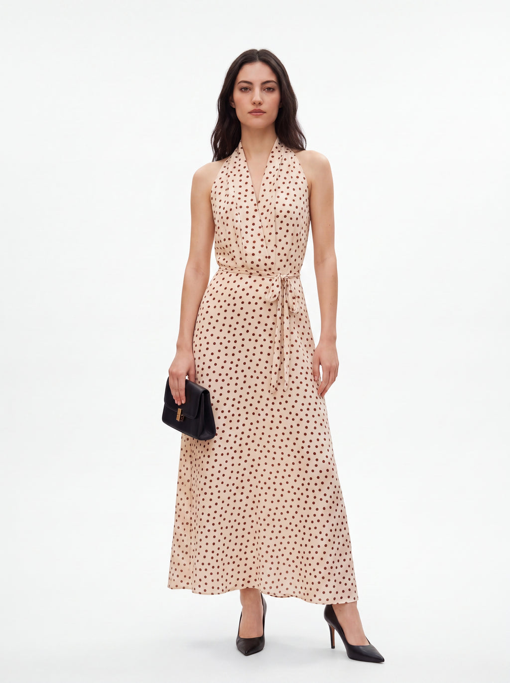 Women's Polka Dot Halter Neck Maxi Dress – Beige