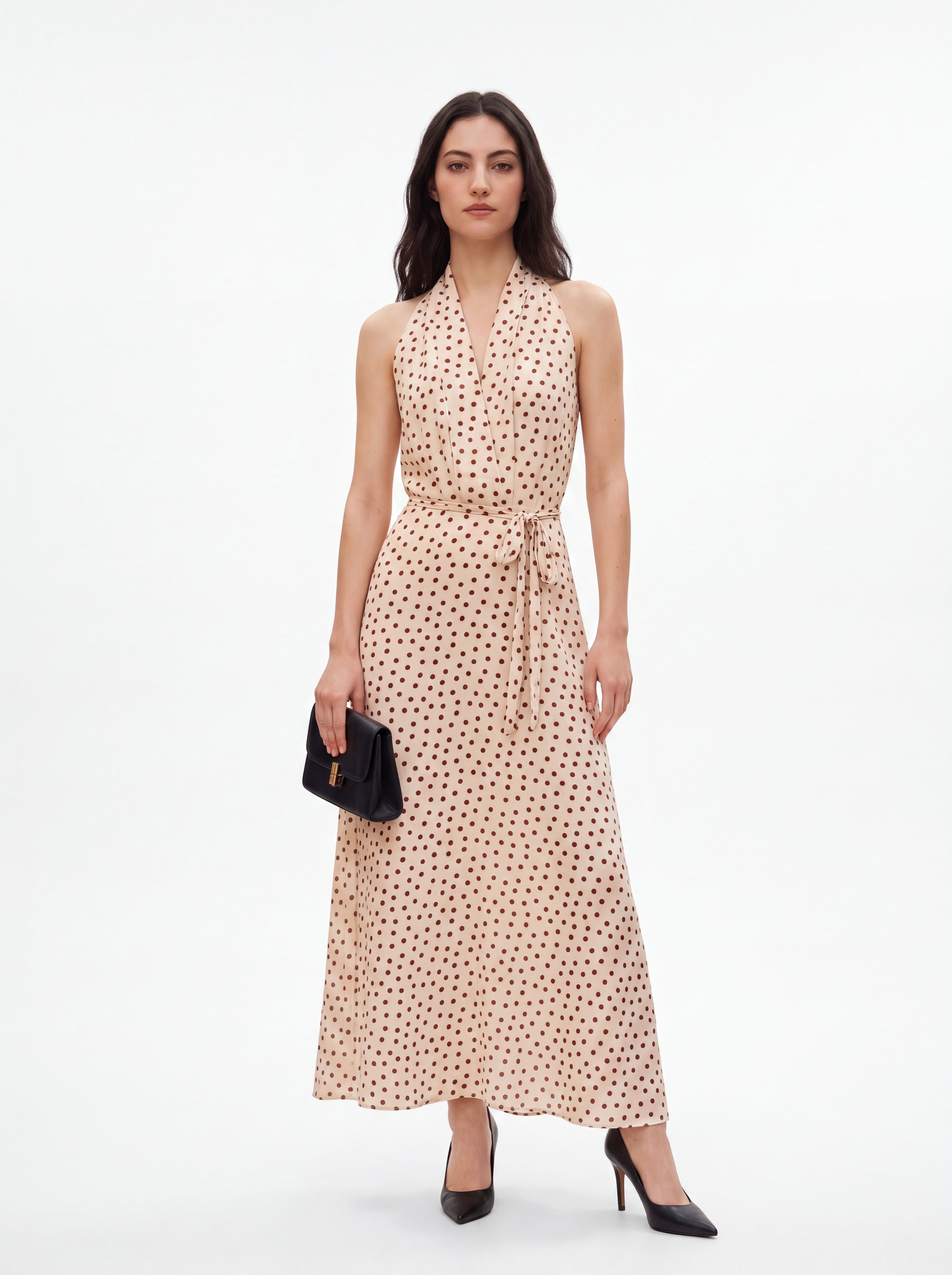 Women's Polka Dot Halter Neck Maxi Dress – Beige