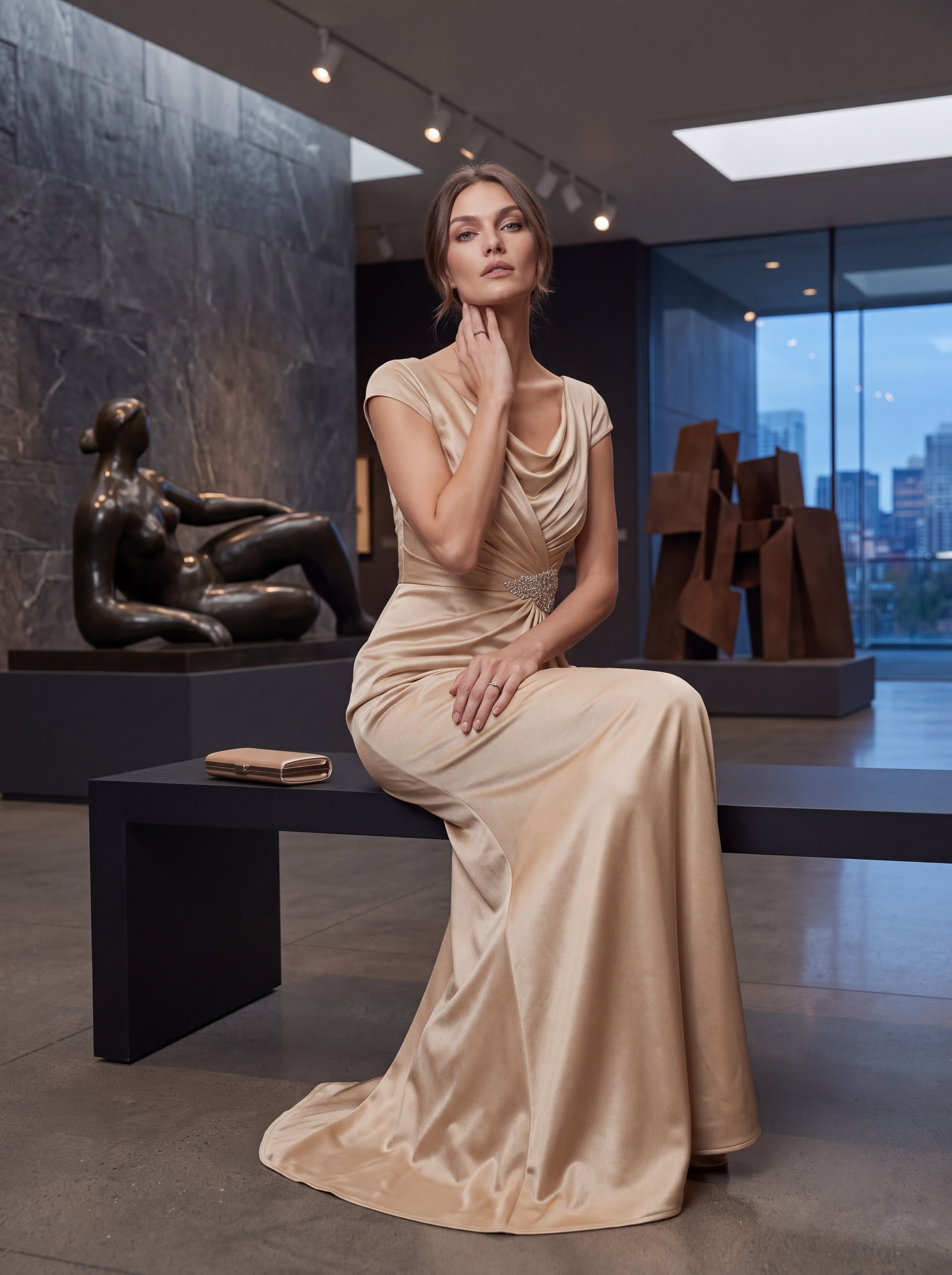Champagne Satin Draped Evening Gown