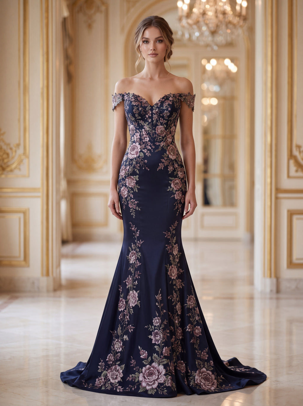 Navy Blue Floral Embroidered Mermaid Evening Gown