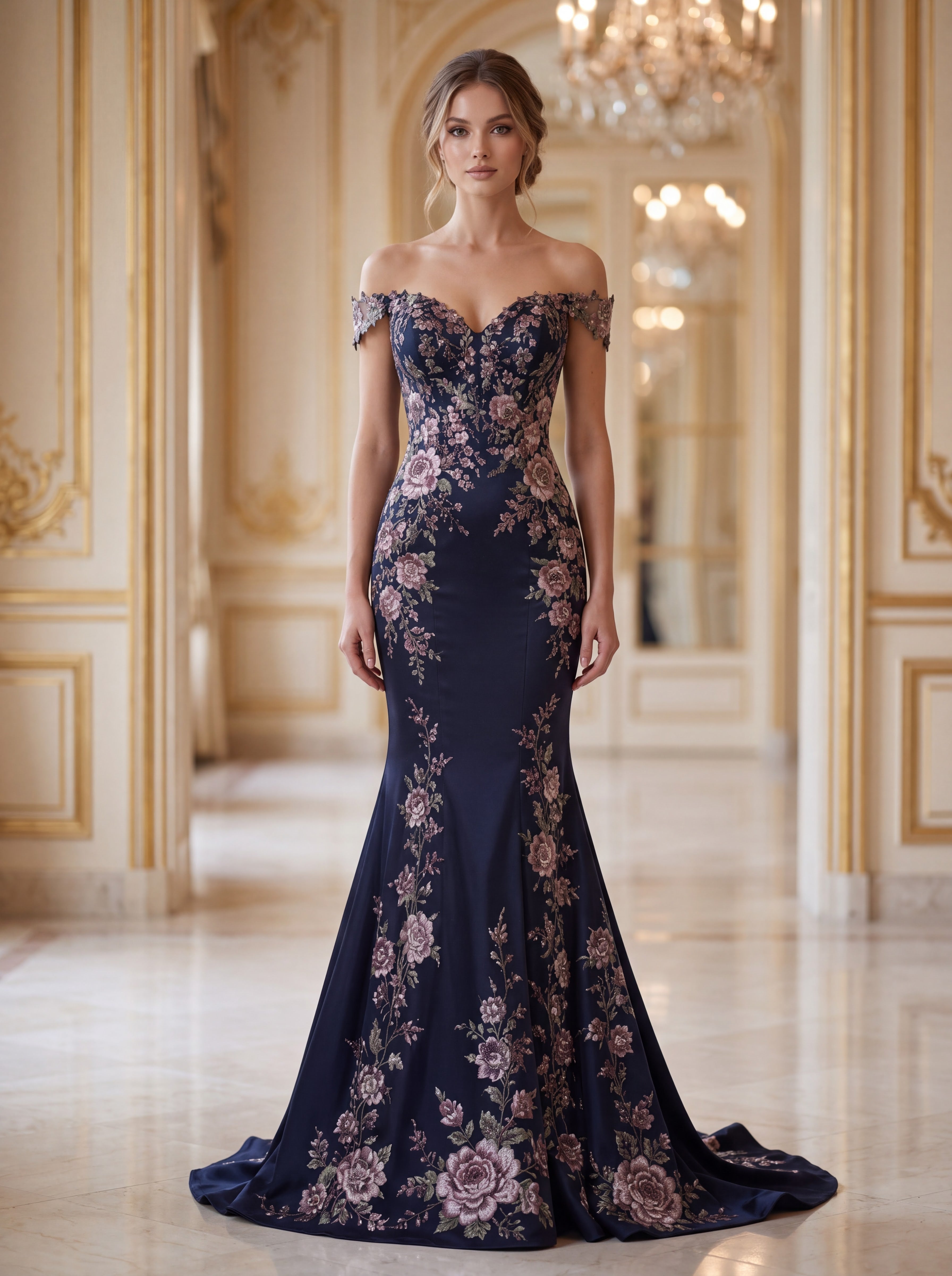 Navy Blue Floral Embroidered Mermaid Evening Gown