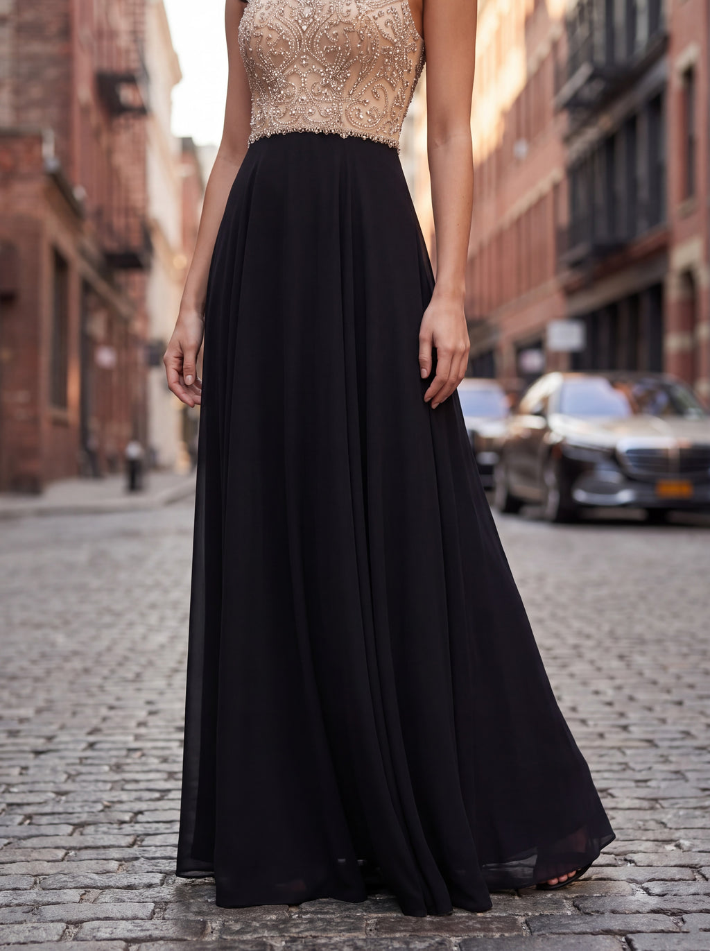 Black & Champagne Embellished Evening Gown
