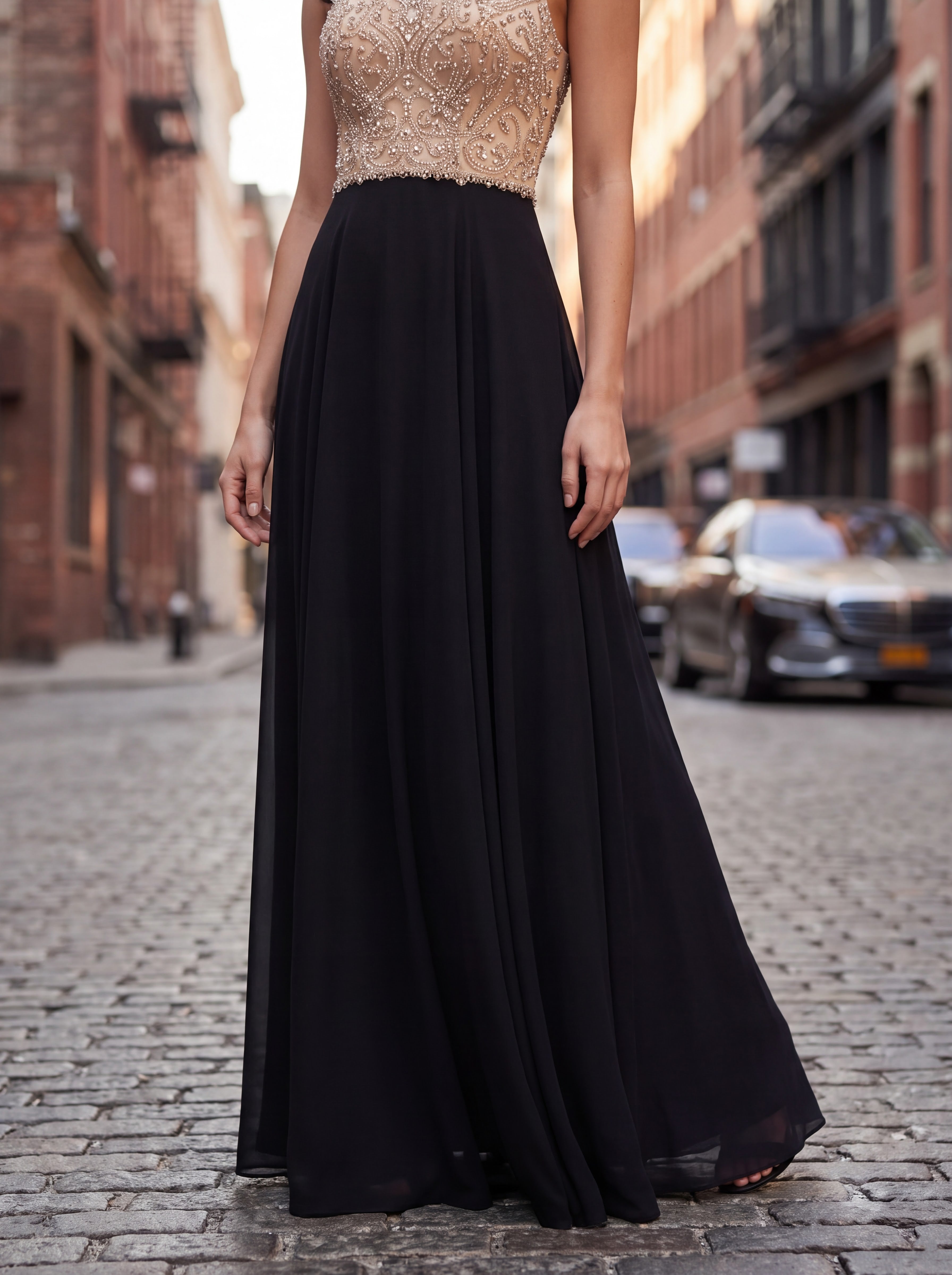 Black & Champagne Embellished Evening Gown