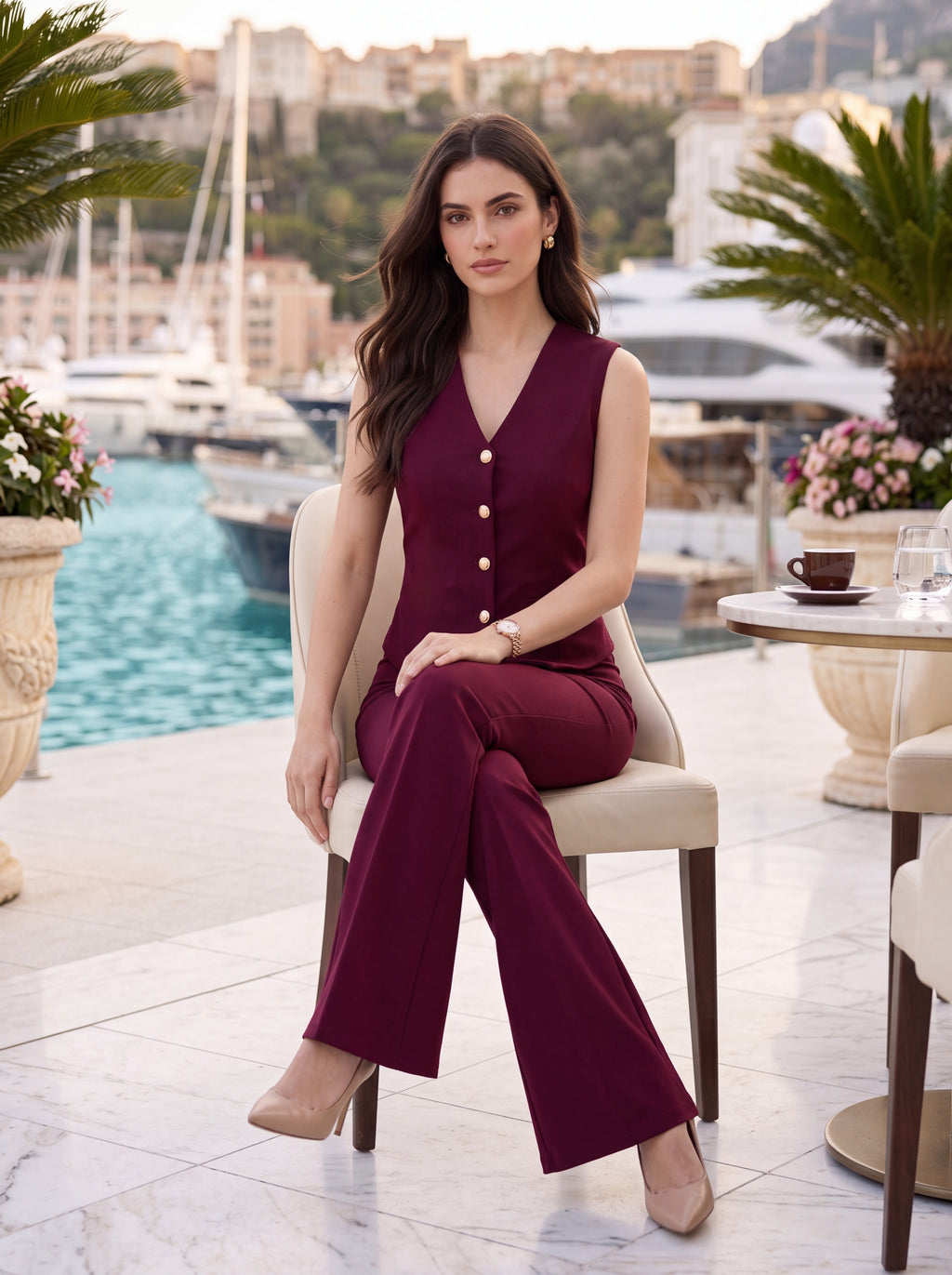 Women's Burgundy High-Waisted Slim Flare Tailored Pants – Premium European Bootcut Formal Trousers