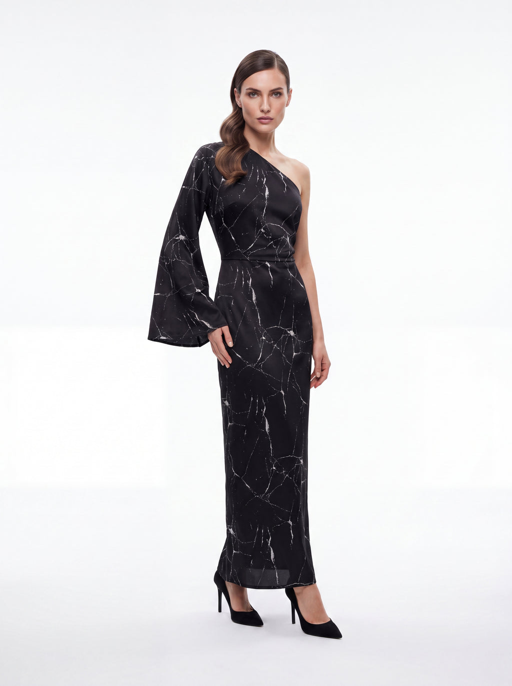 Women's Black Marble One-Shoulder Maxi Dress – Elegant Evening Statement Dress