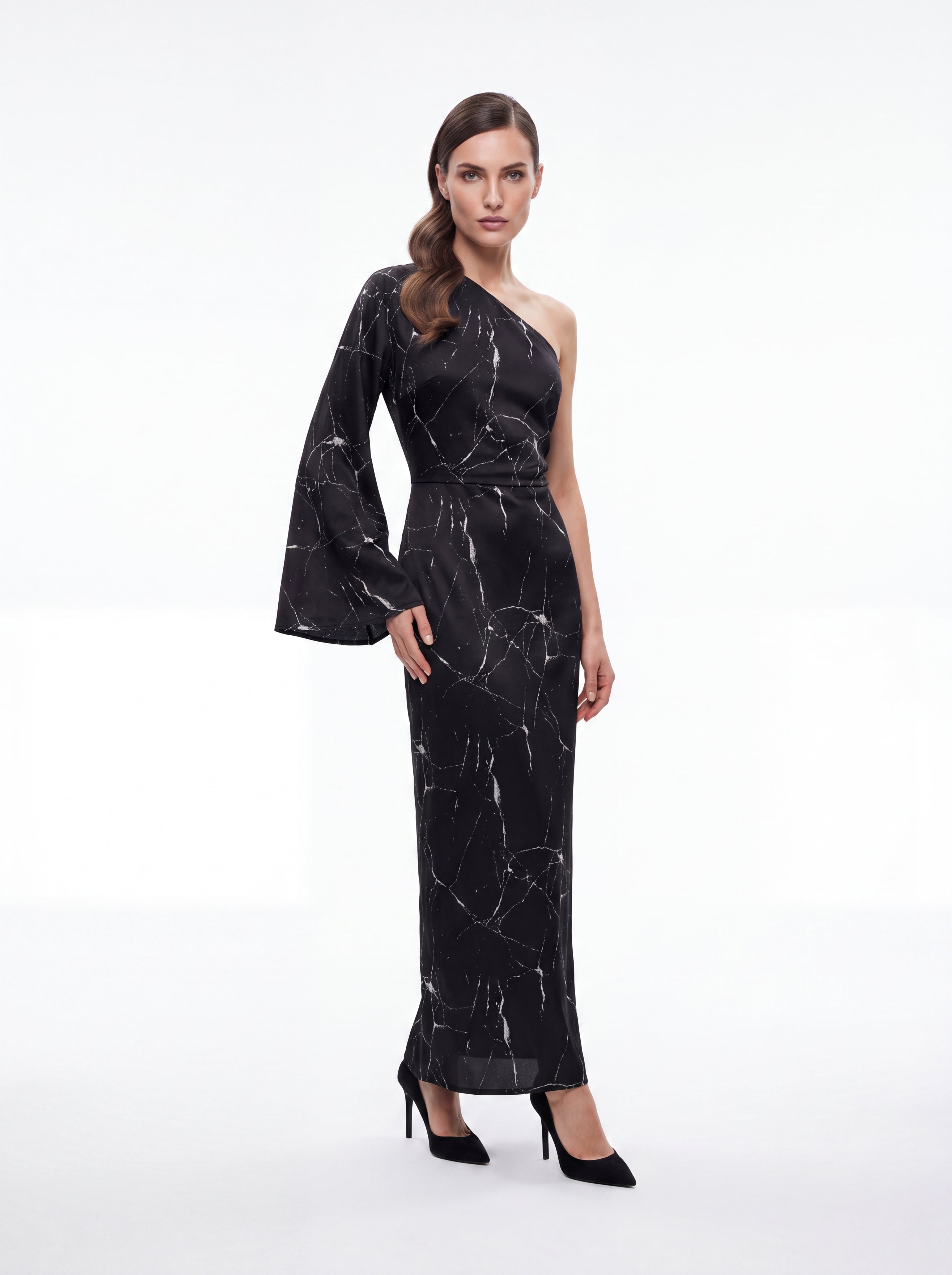 Women's Black Marble One-Shoulder Maxi Dress – Elegant Evening Statement Dress