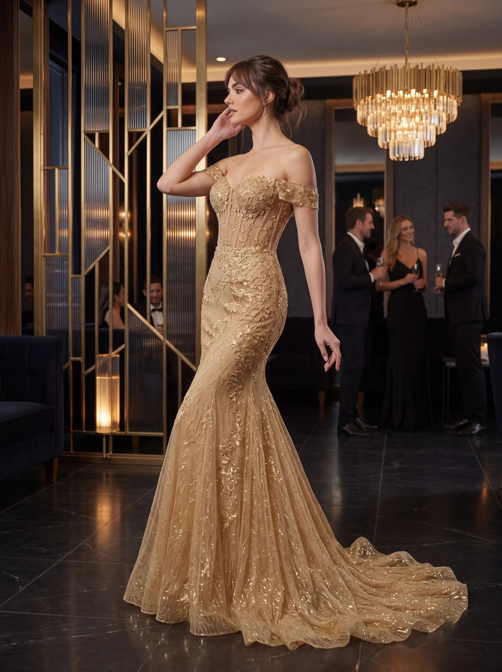 Champagne Gold Off-Shoulder Mermaid Evening Gown
