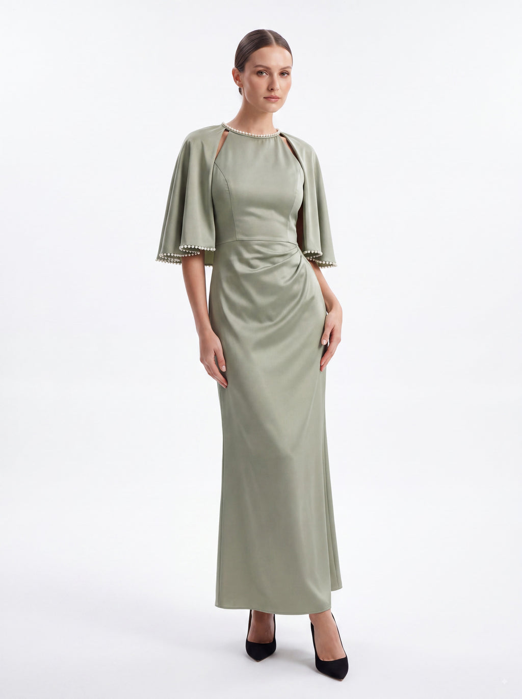 Sage Green Cape Sleeve Evening Gown
