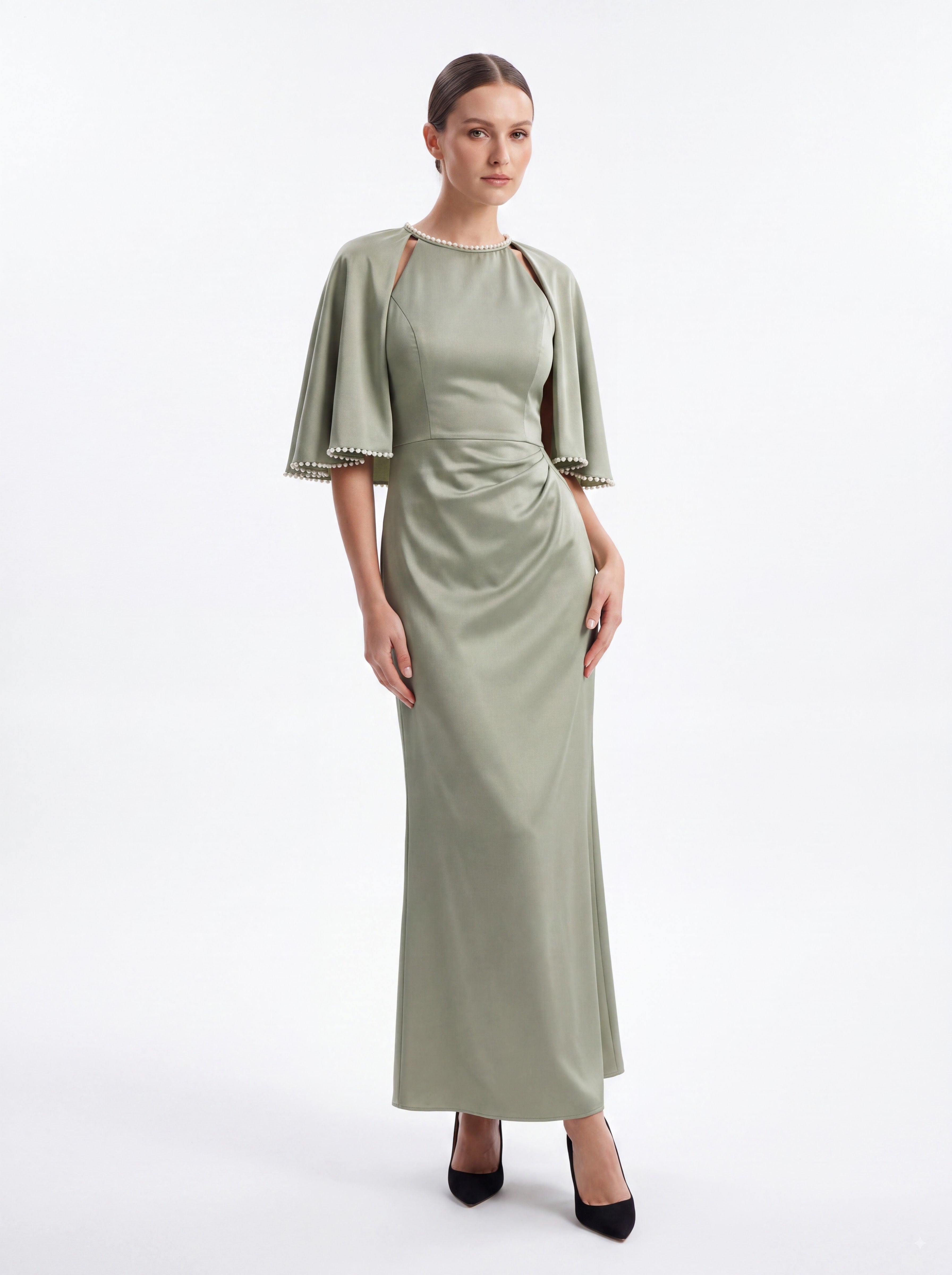 Sage Green Cape Sleeve Evening Gown