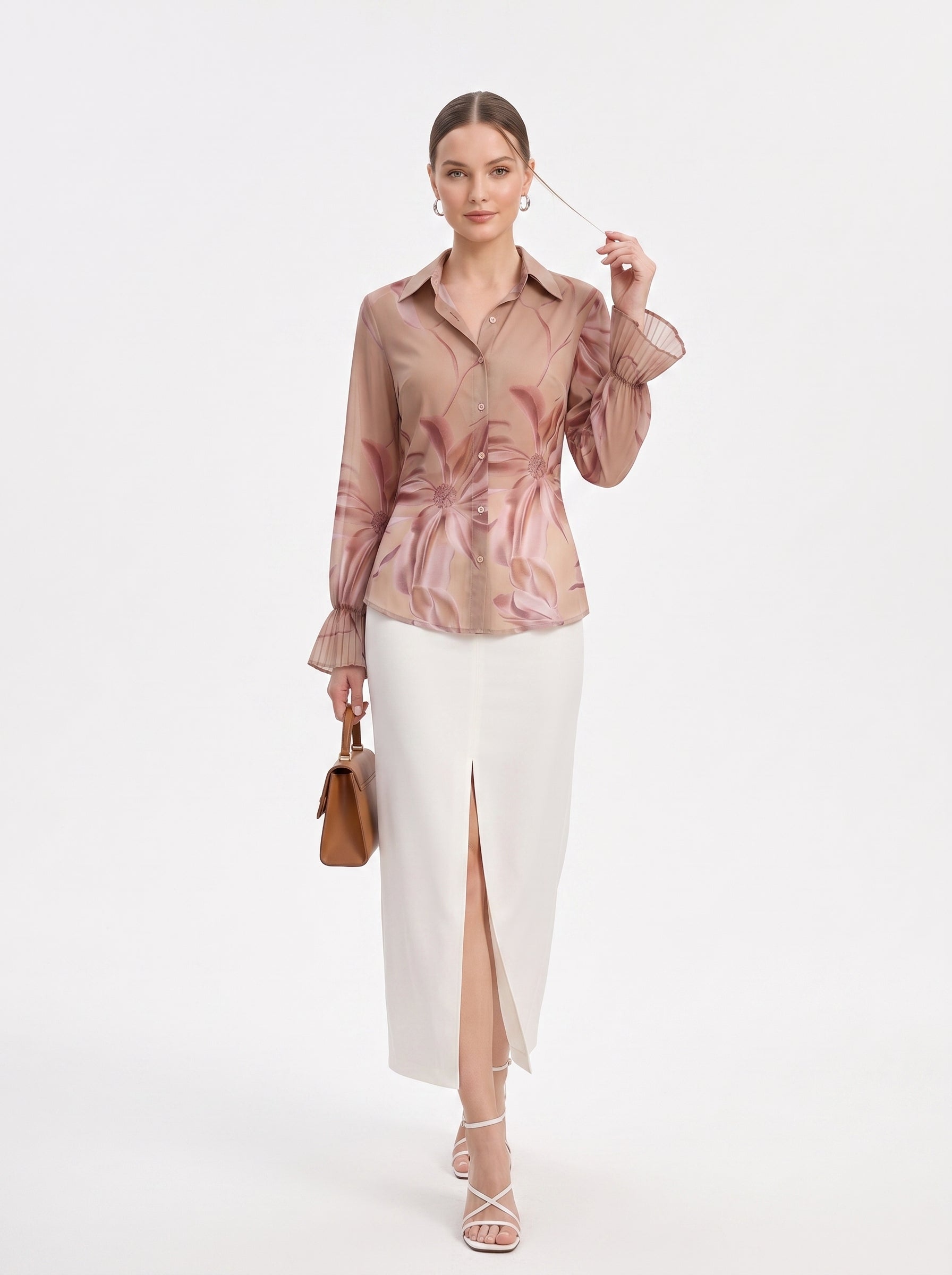 Women's Ivory High-Waist Front Slit Midi Pencil Skirt | Premium European Office Skirt